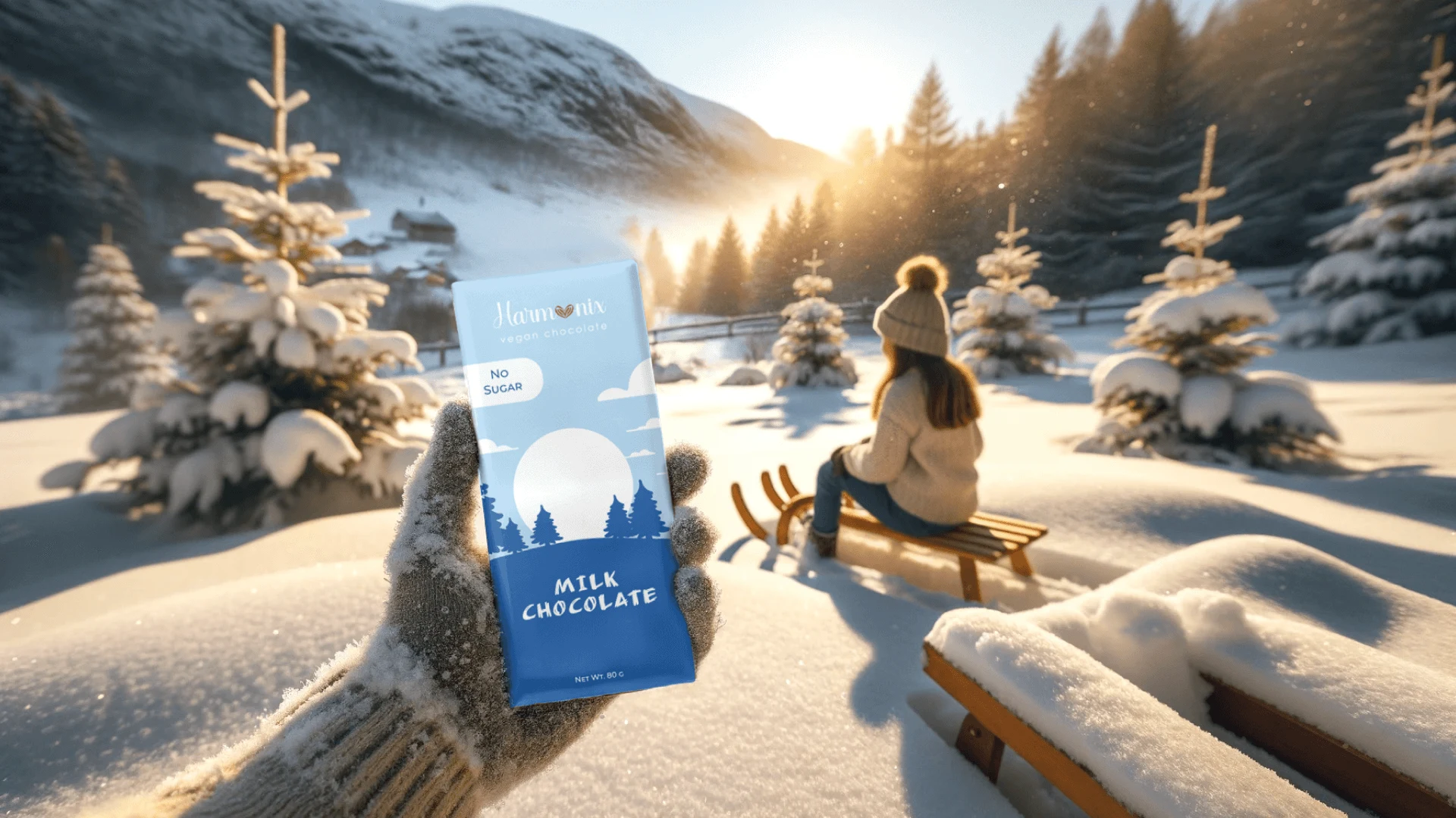 The packaging design for the Harmonix Vegan Milk Chocolate captures the serene and crisp atmosphere of a Norwegian winter landscape. The cool color palette with shades of blue and white evokes the chilly, yet peaceful feeling of winter, complementing the idea of special moments during the colder season. The image of the sun low on the horizon, with snow-covered trees and the clear sky, speaks to the quiet beauty of the Norwegian outdoors, inviting consumers to associate the chocolate with cozy winter experiences.