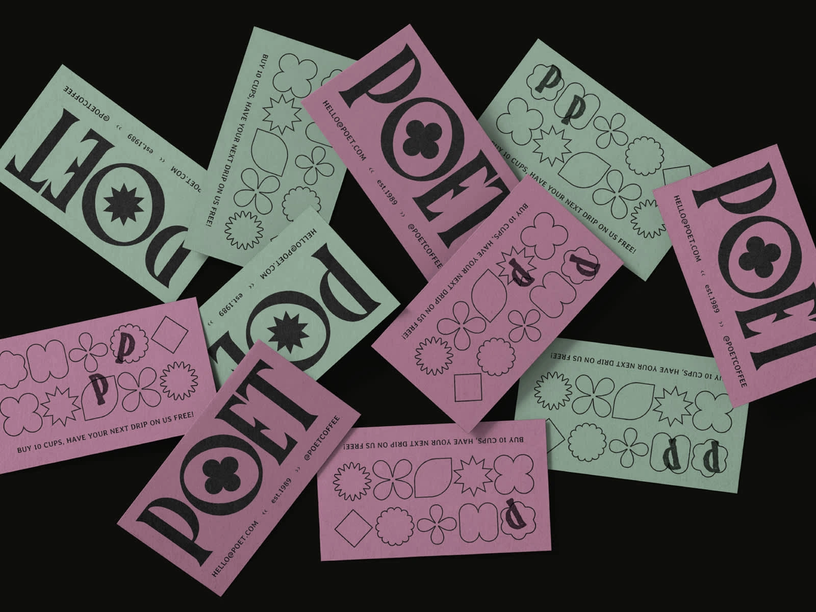 Customer loyalty cards doubling as business cards in 2 colourways with the serif P as a stamp