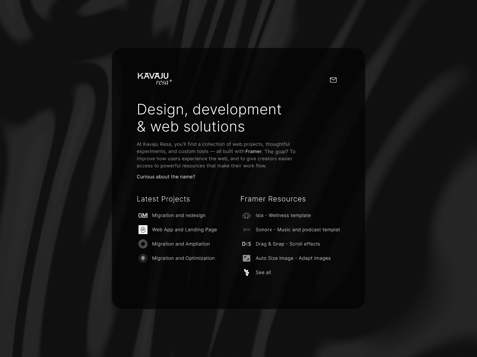 Desktop view of the homepage featuring a list of recent projects, and curated Framer resources for web creators.
