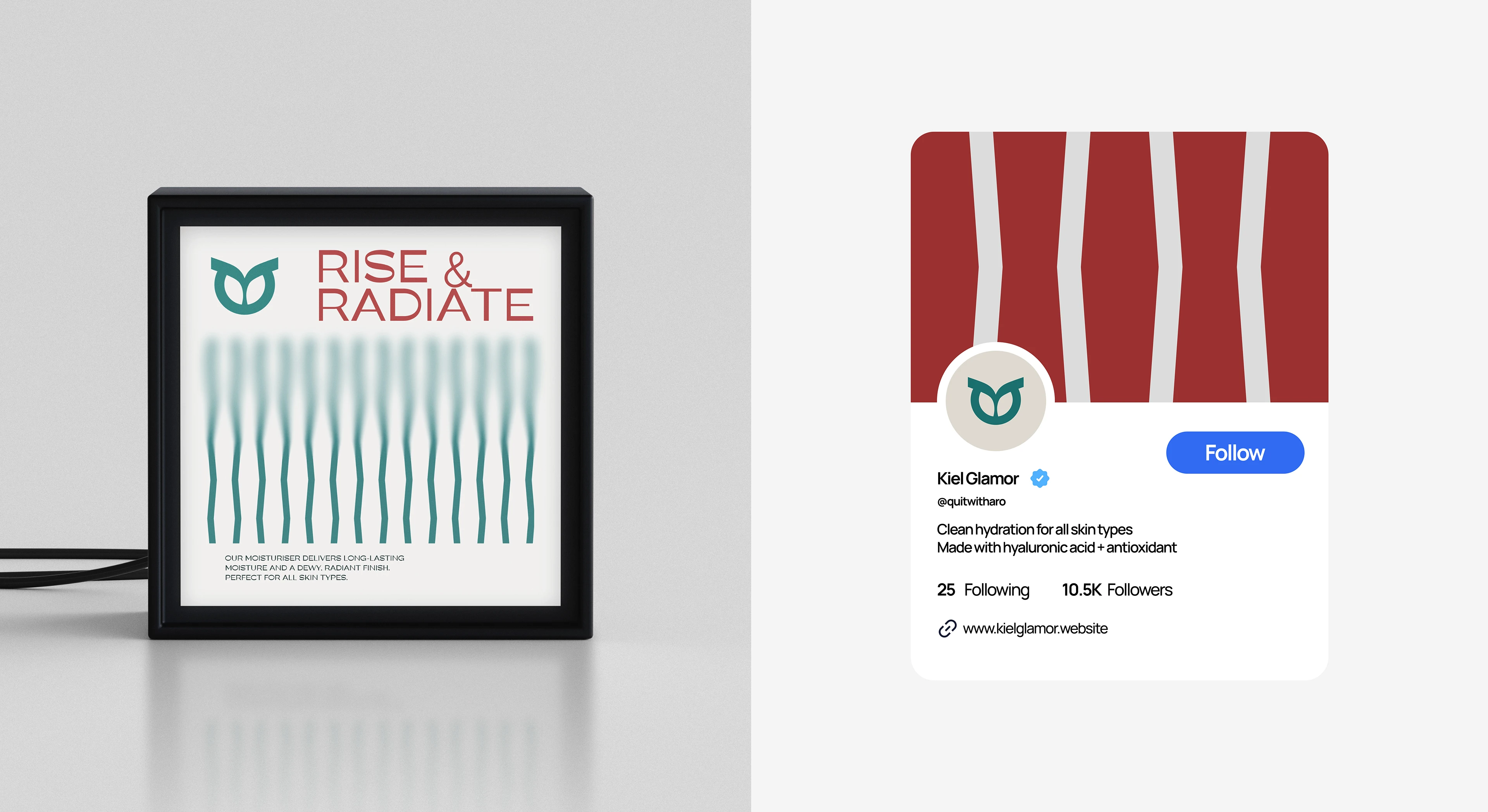 Left\ brand indoor signage • Brand social profile preview.