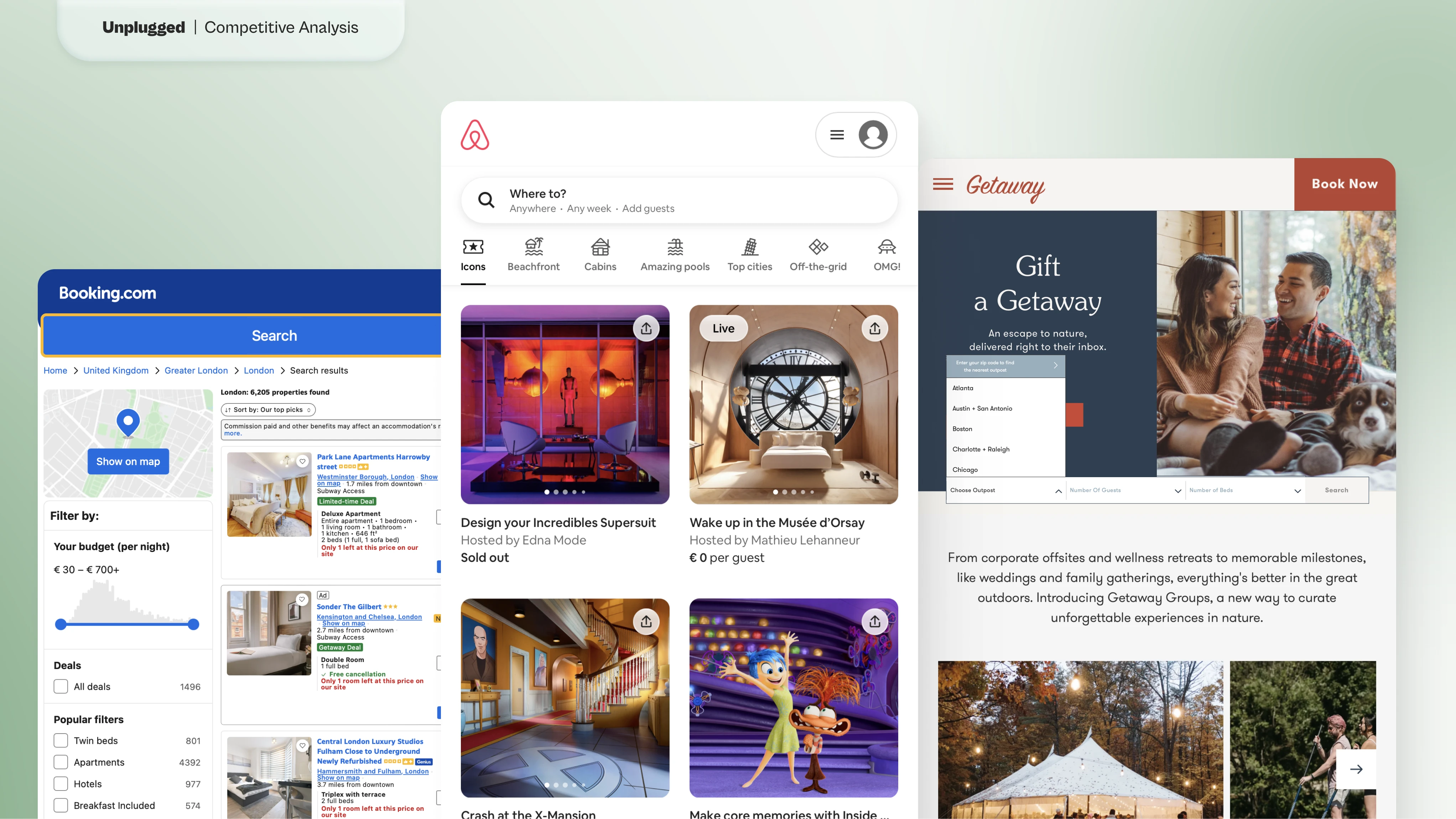 Competitive Analysis - (Left to Right) Booking, Airbnb, Getaway