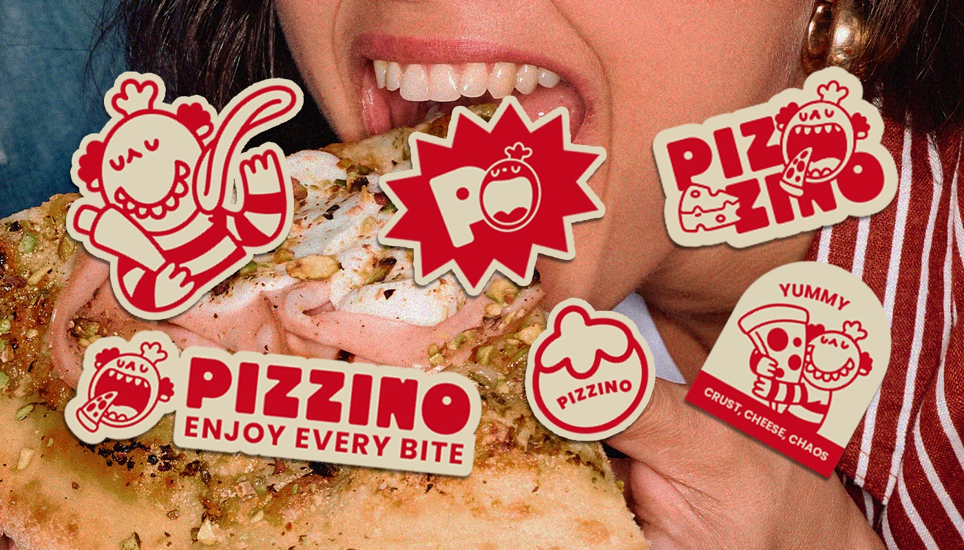 Sticker set with Pizzino mascot, bold red typography, and playful pizza graphics.