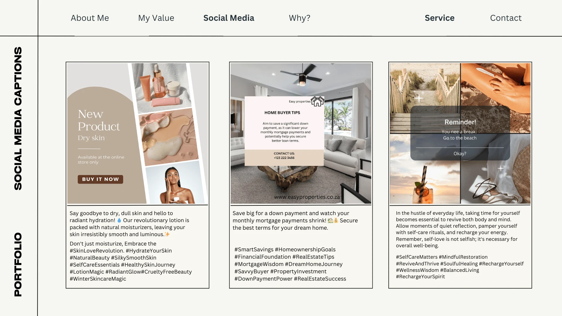 Captions and Key hashtags for a cosmetics, real estate and lifestyle brands.