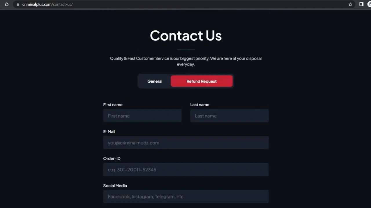 Streamlined contact form with refund request option, optimized for quick customer support and user convenience.