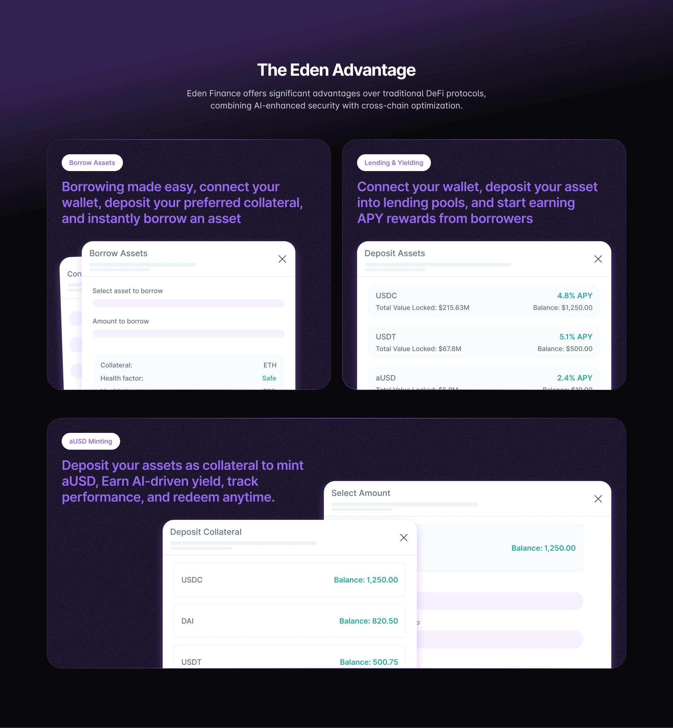 A section showing the features of Eden finance