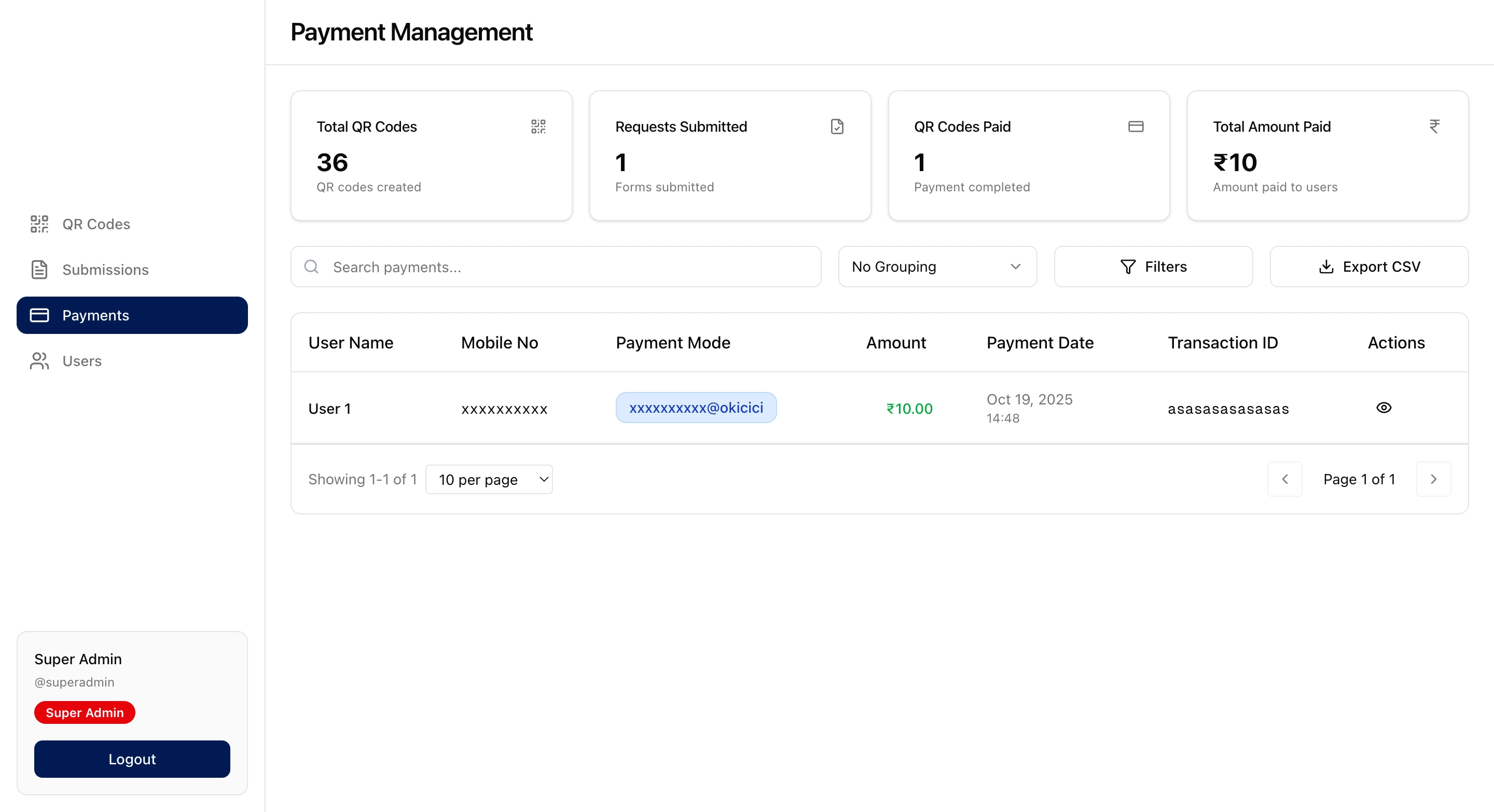 Dashboard | Admin | Payment details