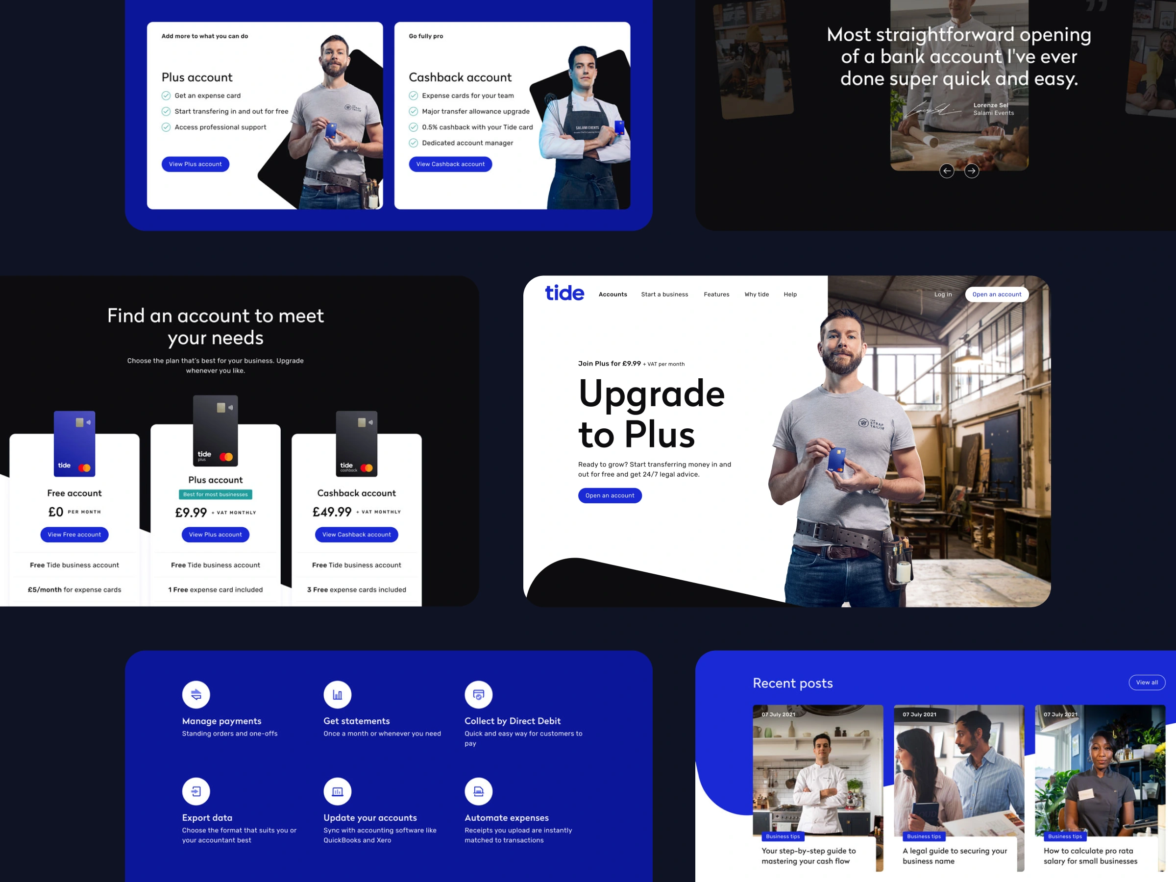 A selection of screen designed for Tide UI / UX