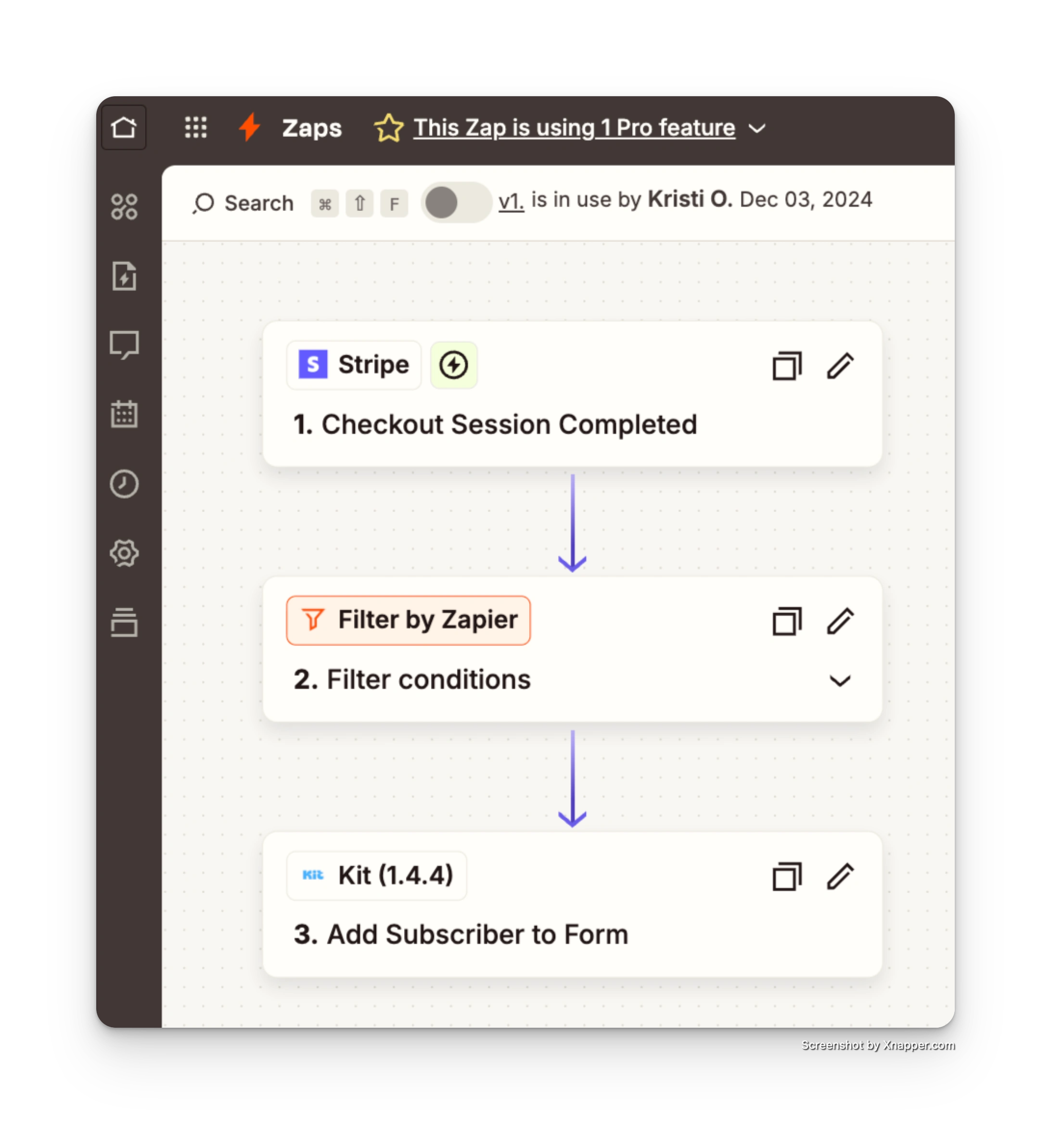 Zapier automation connecting Stripe purchases to Kit, automatically enrolling new customers in the correct onboarding flow.
