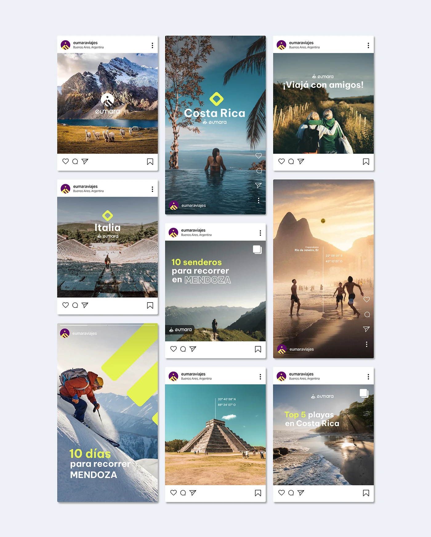 Engagement Across Social Media. This visual demonstrates how the Eumara brand system translates to high-engagement social media content. The use of the core palette, clear Be Vietnam Pro typography, and the logo placement ensures instant recognition and brand trust across a variety of content types—from aspirational travel imagery (Italy, Costa Rica) to informational guides (Mendoza, senderos). The design effectively combines strong visual storytelling with a clean layout to drive user engagement and bookings.