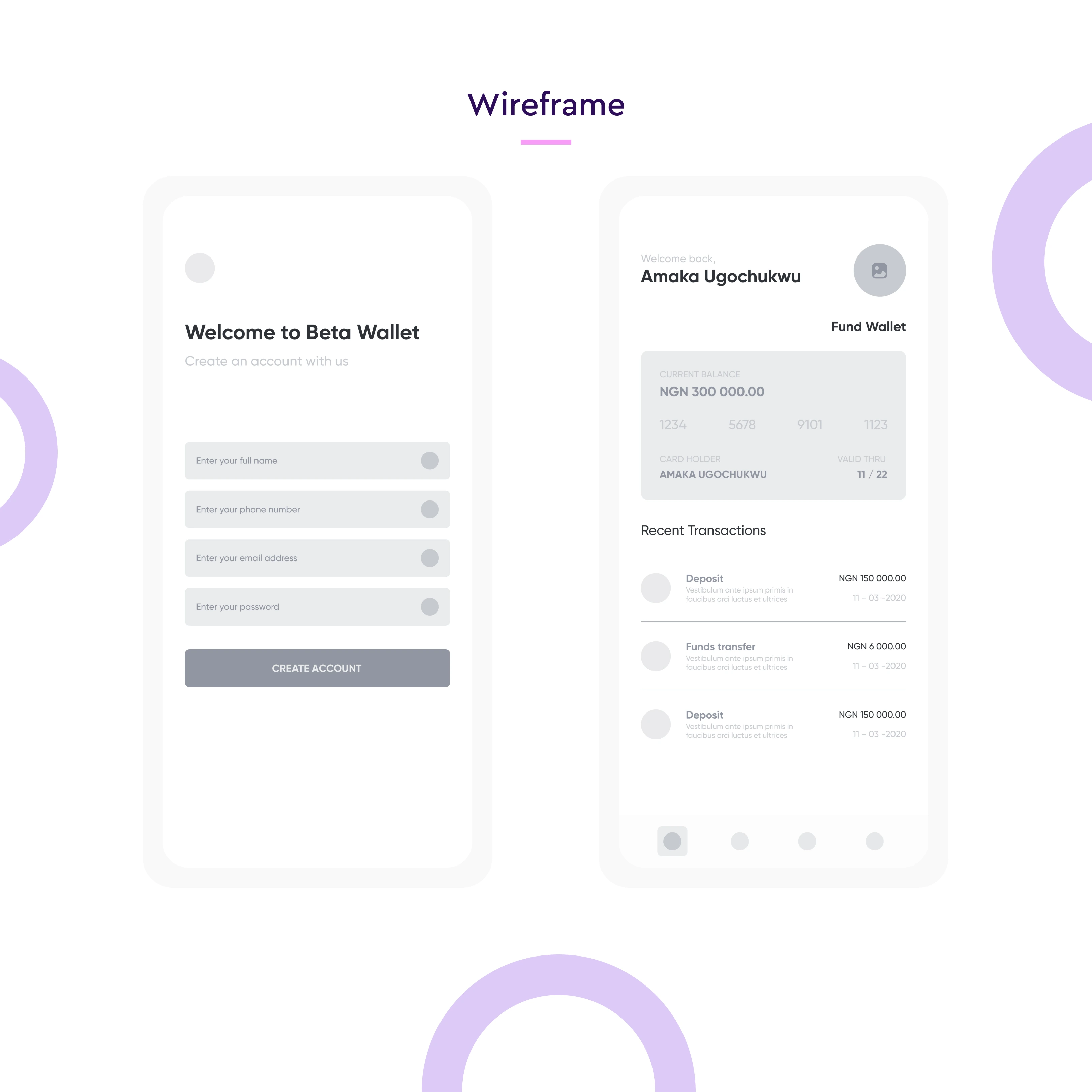 Wireframe - Registration Screen and Home Screen
