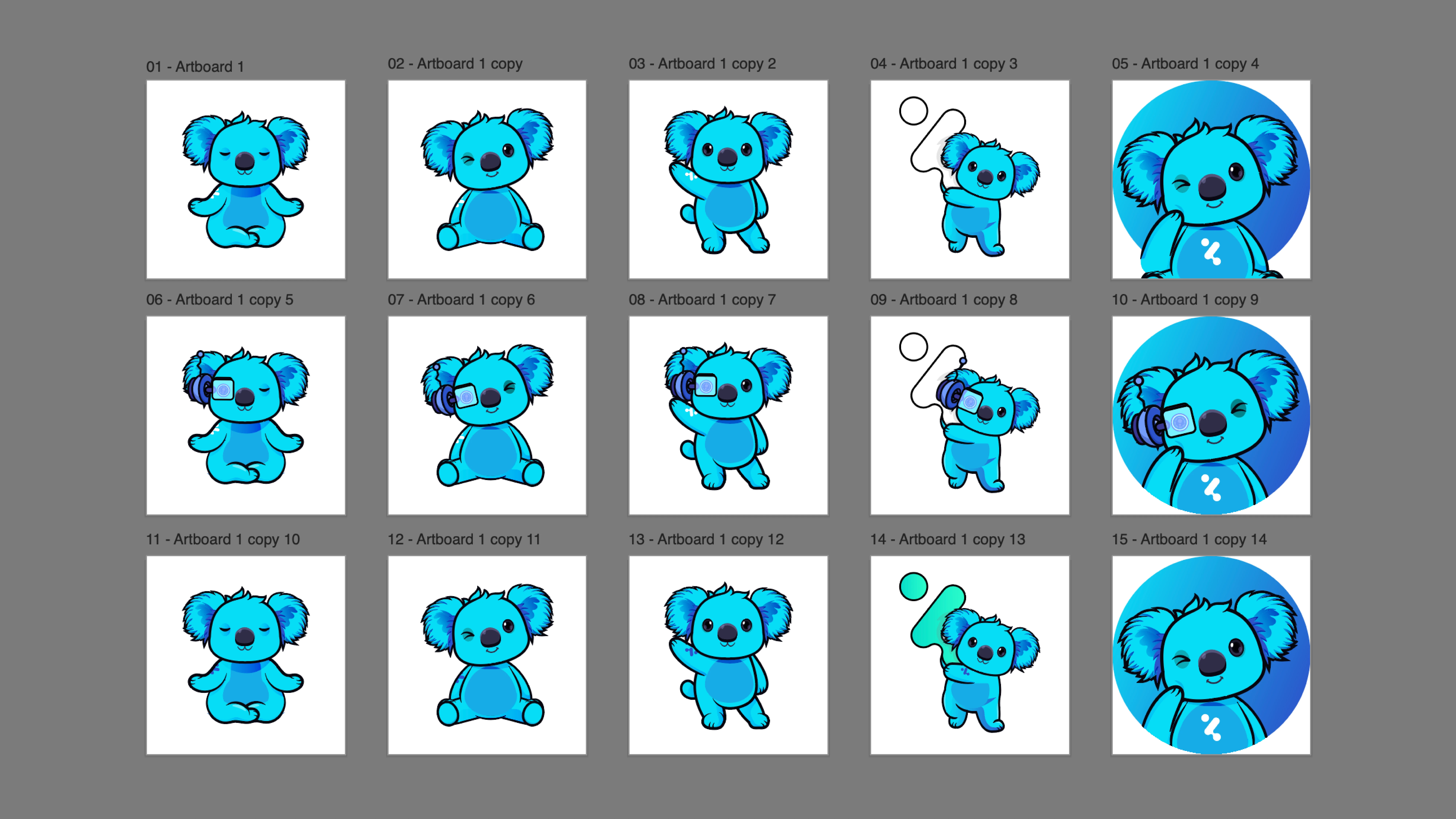 Initial set of exploratory poses in the brand colors.