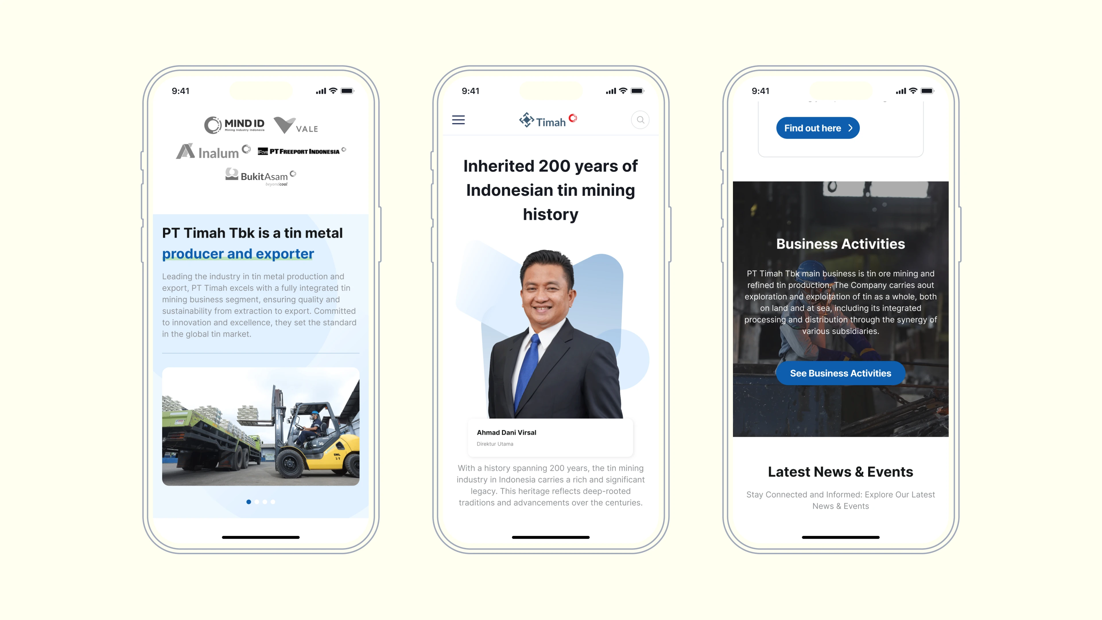 A corporate profile app for PT Timah Tbk, highlighting their 200-year legacy in Indonesian tin mining.
