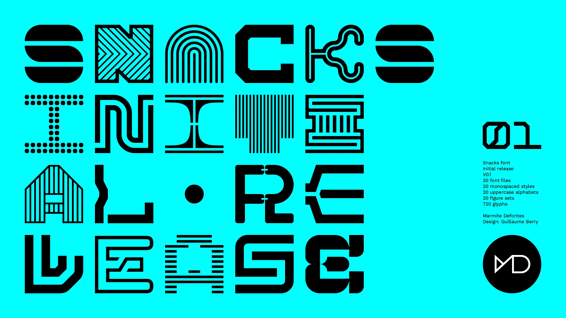 Specimen cover for the Snacks font collection