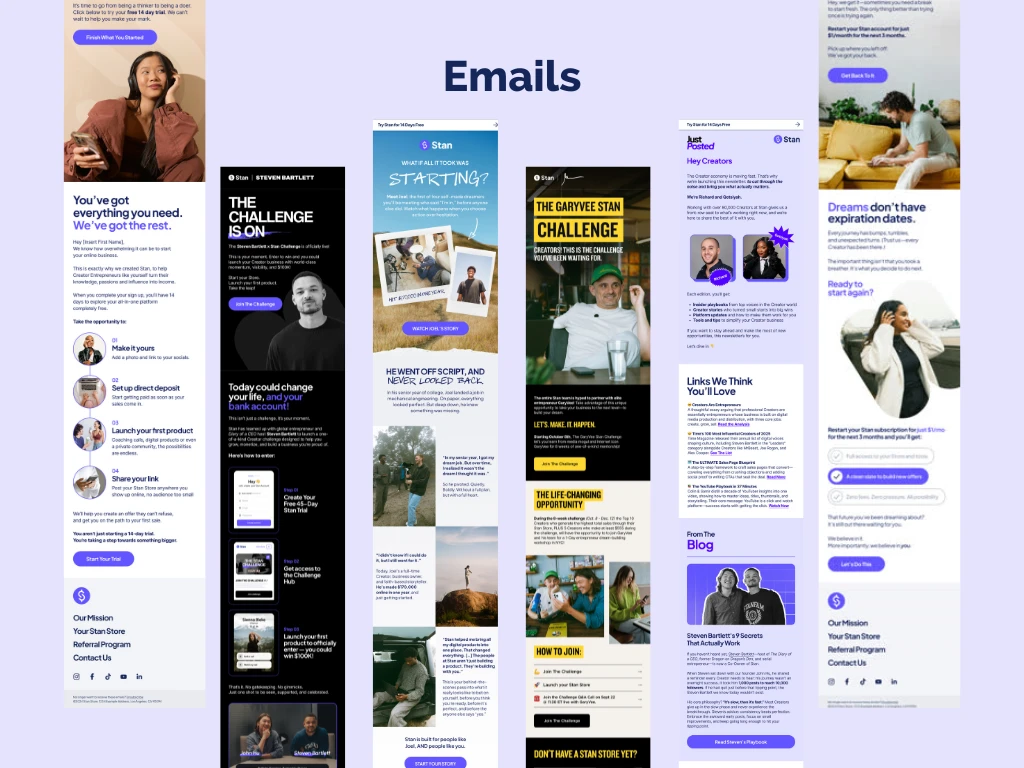 Managed Stan’s Lifecycle Marketing program in collaboration with our agency partner, overseeing creative strategy, copy, and design. Co-wrote the bi-weekly Creator newsletter and reviewed all campaign assets before launch.
