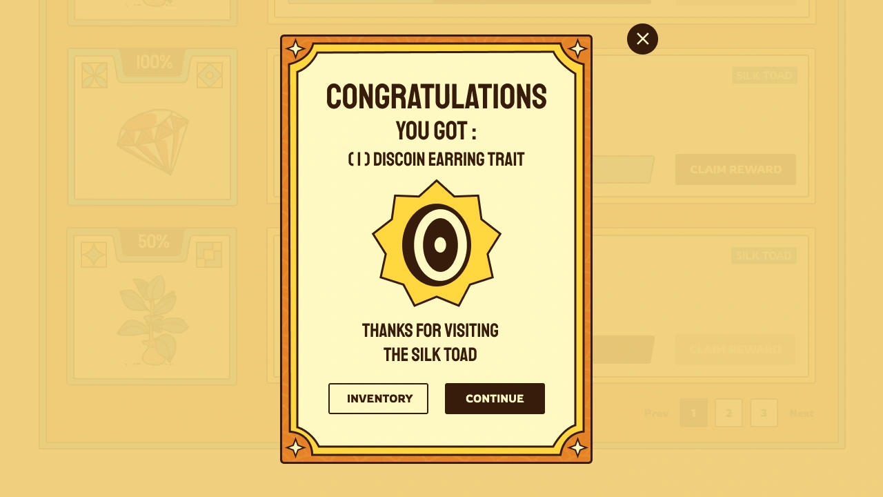 A Congratulations Modal, informing the user of having  successfully claimed a reward for their completed quest.