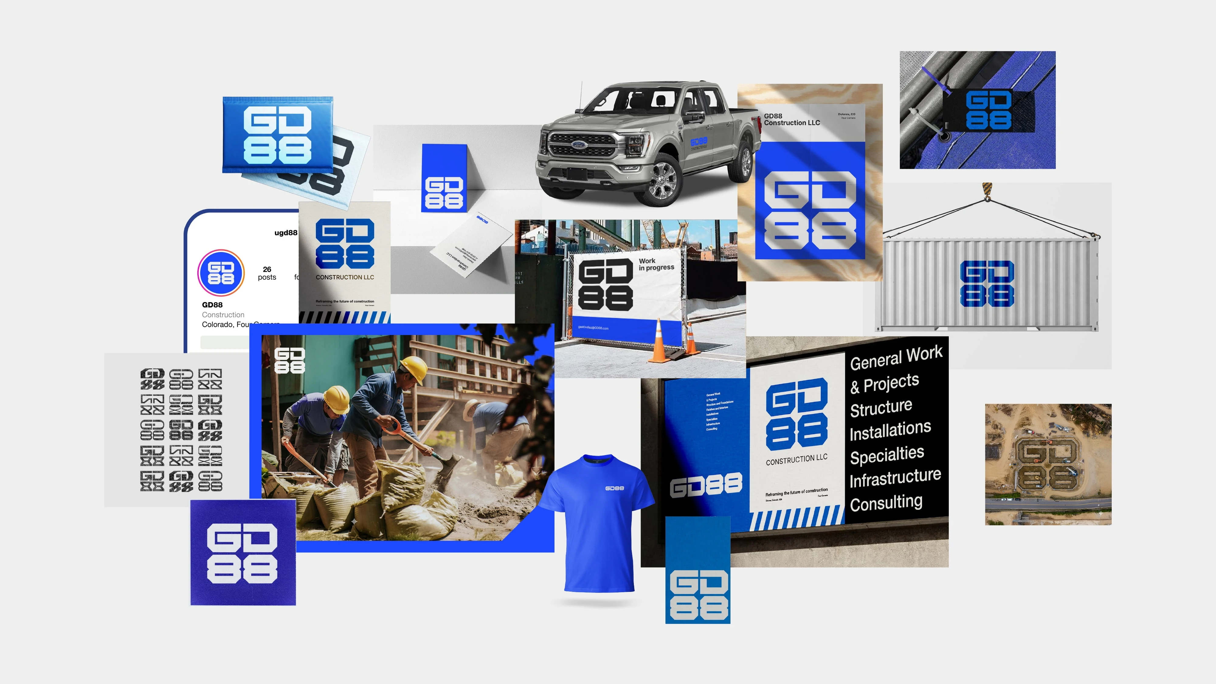 Comprehensive Visual System: 360° Application. The visual system was designed to thrive across multiple touchpoints. This collection demonstrates key applications of the sign: from physical branding (workwear, vehicle fleet, and business cards) to digital platforms (social media, sketches, etc.), ensuring total cohesion between tangible industrial assets and digital communication.