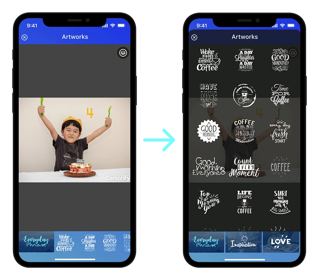 Bottom scrolls to full screen grid to easy choise of stickers