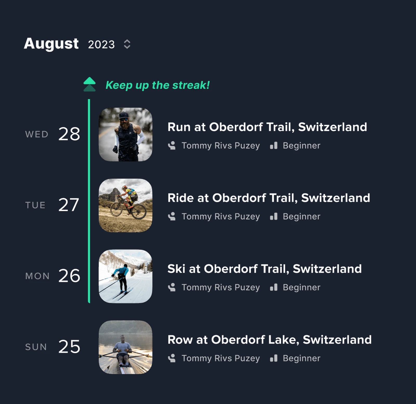 Visual workout timeline helps users recognize patterns, identify gaps, and build behavioral consistency.