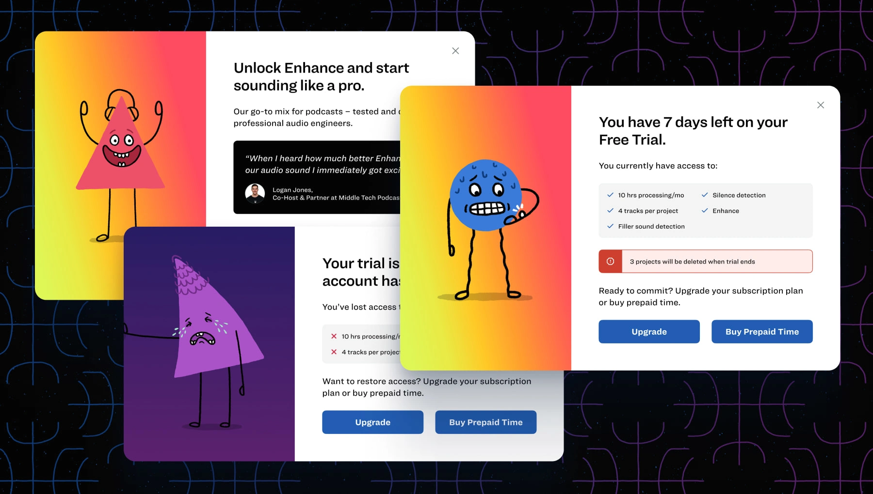 We switched to a reverse free trial pricing model, offered pre-paid time, and implemented various in-app upgrade calls to action.
