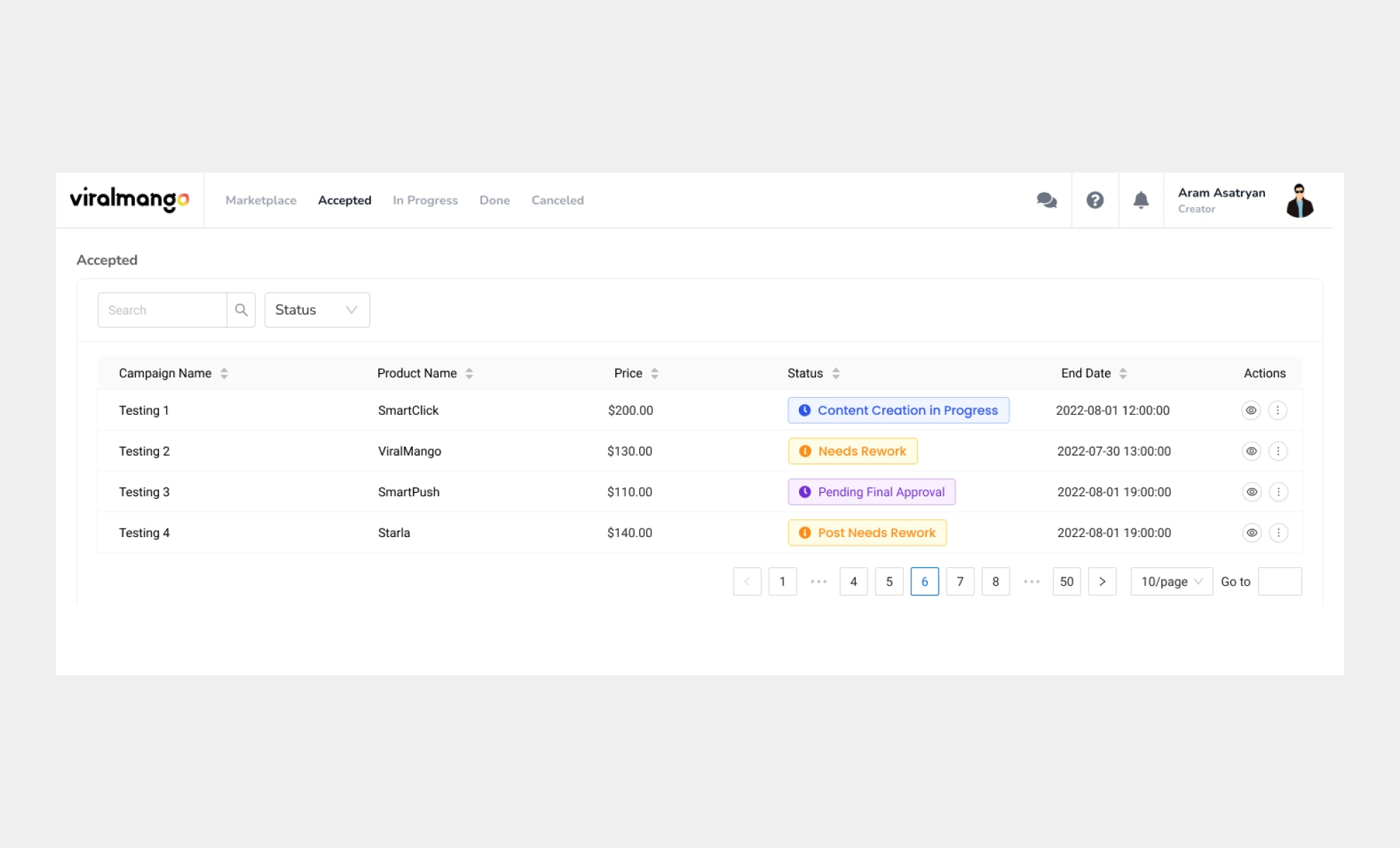 Old version of brand campaign creation, and management flow