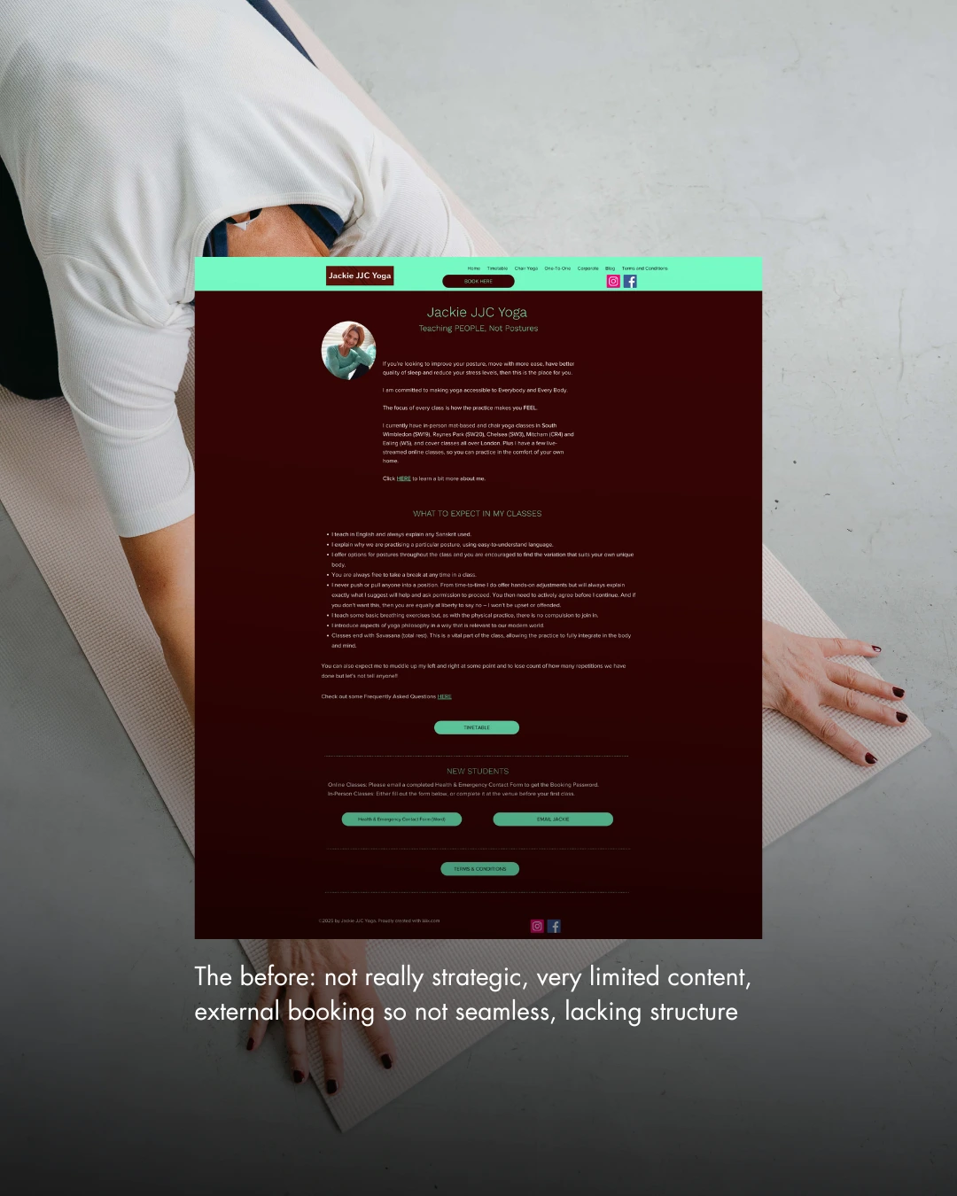 The before: Jackie's website was very basic, self-designed without a fully integrated booking system. It wasn't fit for purpose, was causing additional admin work.