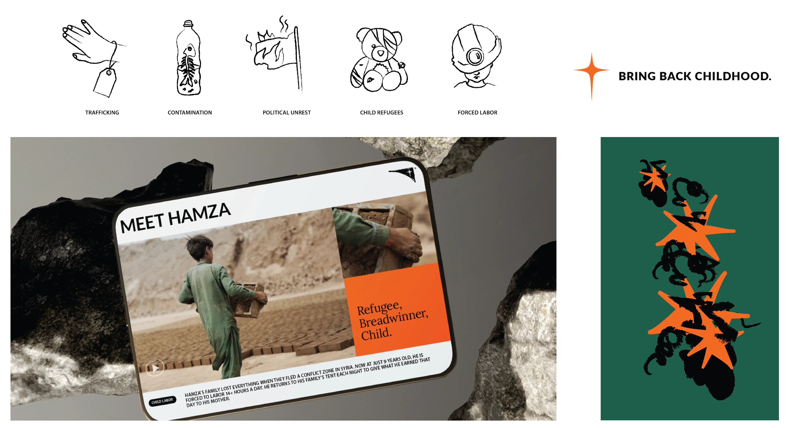 This brand focuses on sensitive themes such as trafficking, child labor, and conflict. Iconography systems, messaging, and photography guidelines were carefully developed to protect identities when necessary.
