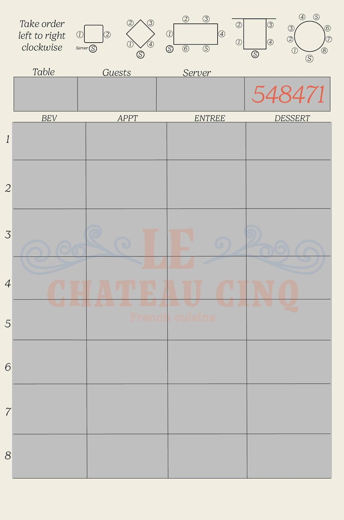 Le Chateau Cinq Order Book