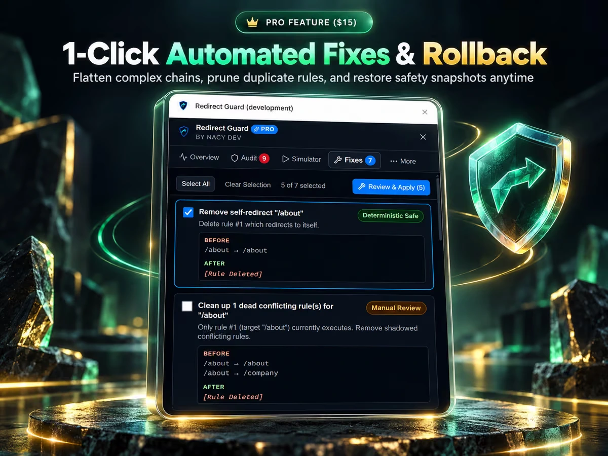 1-Click Automated Fixes & Rollback — Flatten complex chains, prune duplicate rules, and restore safety snapshots anytime