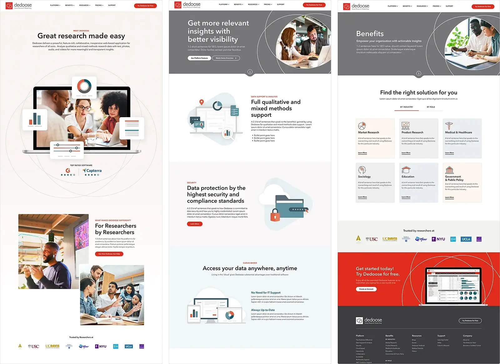 Homepage, Platform and Benefits Page Mockups