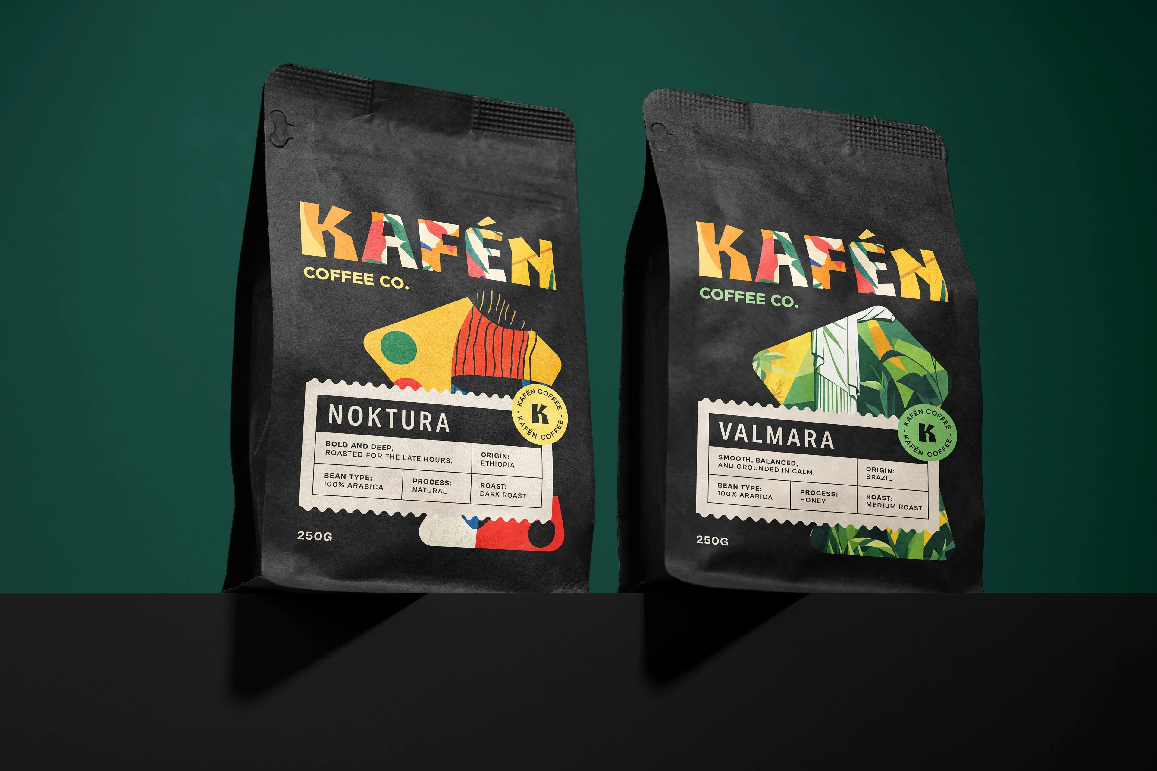 The product range was designed around a system, not a style.

The brand includes three blends: LUMÉRICA, VALMARA, and NOKTURA. Each roast has its own tone and energy, reflected through color and illustration. The layout and structure remain consistent. Type, spacing, and hierarchy don’t shift. Only the palette, name, and supporting visuals change. This keeps the brand flexible without ever losing control.