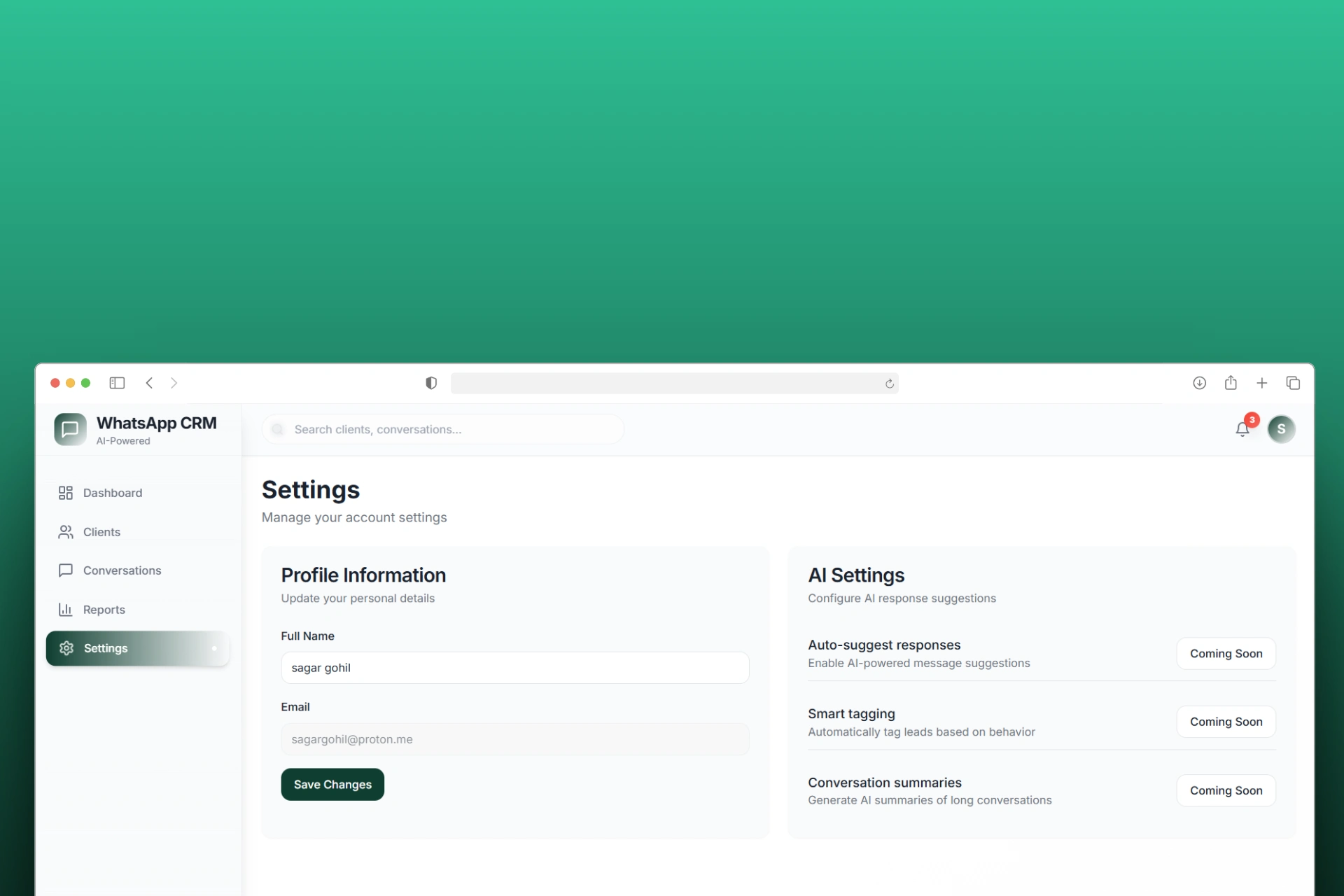 "Settings & Configuration - User profile management and AI configuration panel with intuitive controls for personalizing the CRM experience.