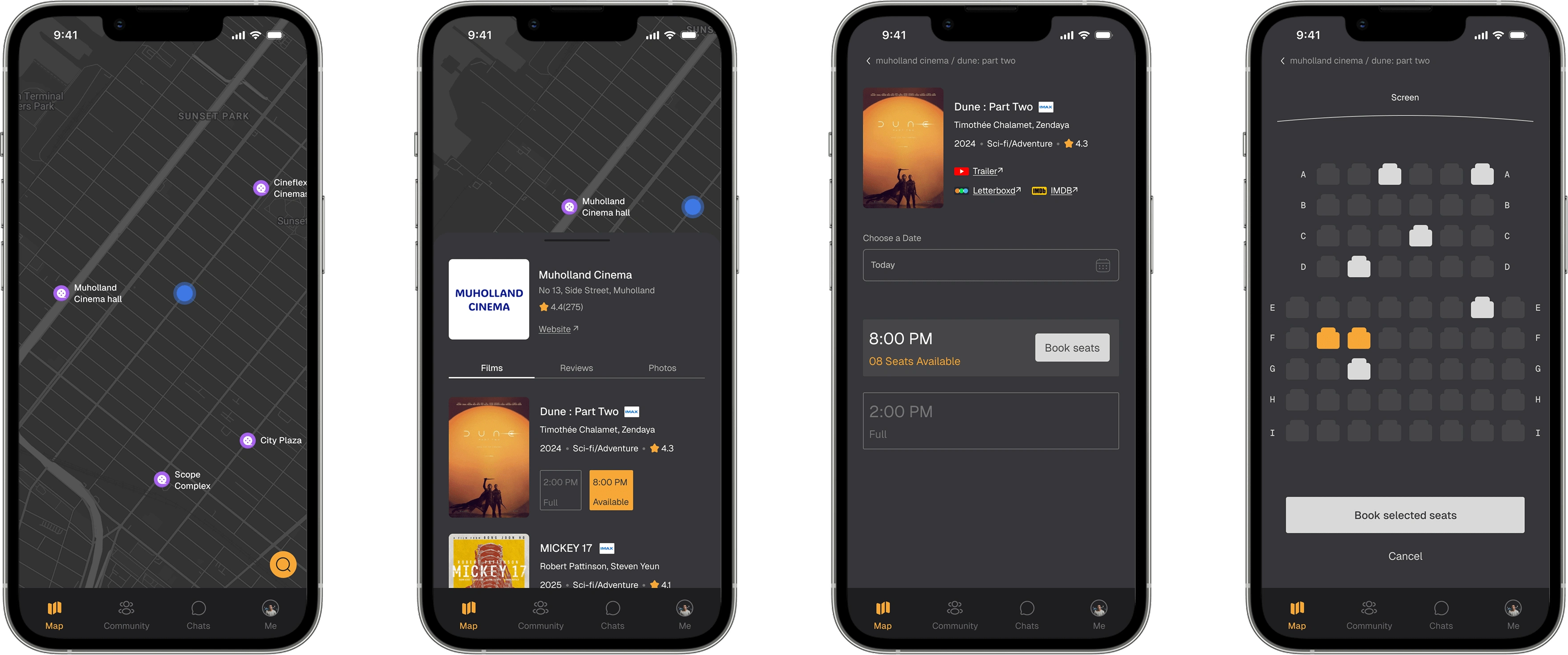 map view, film hall, availability check, seat booking