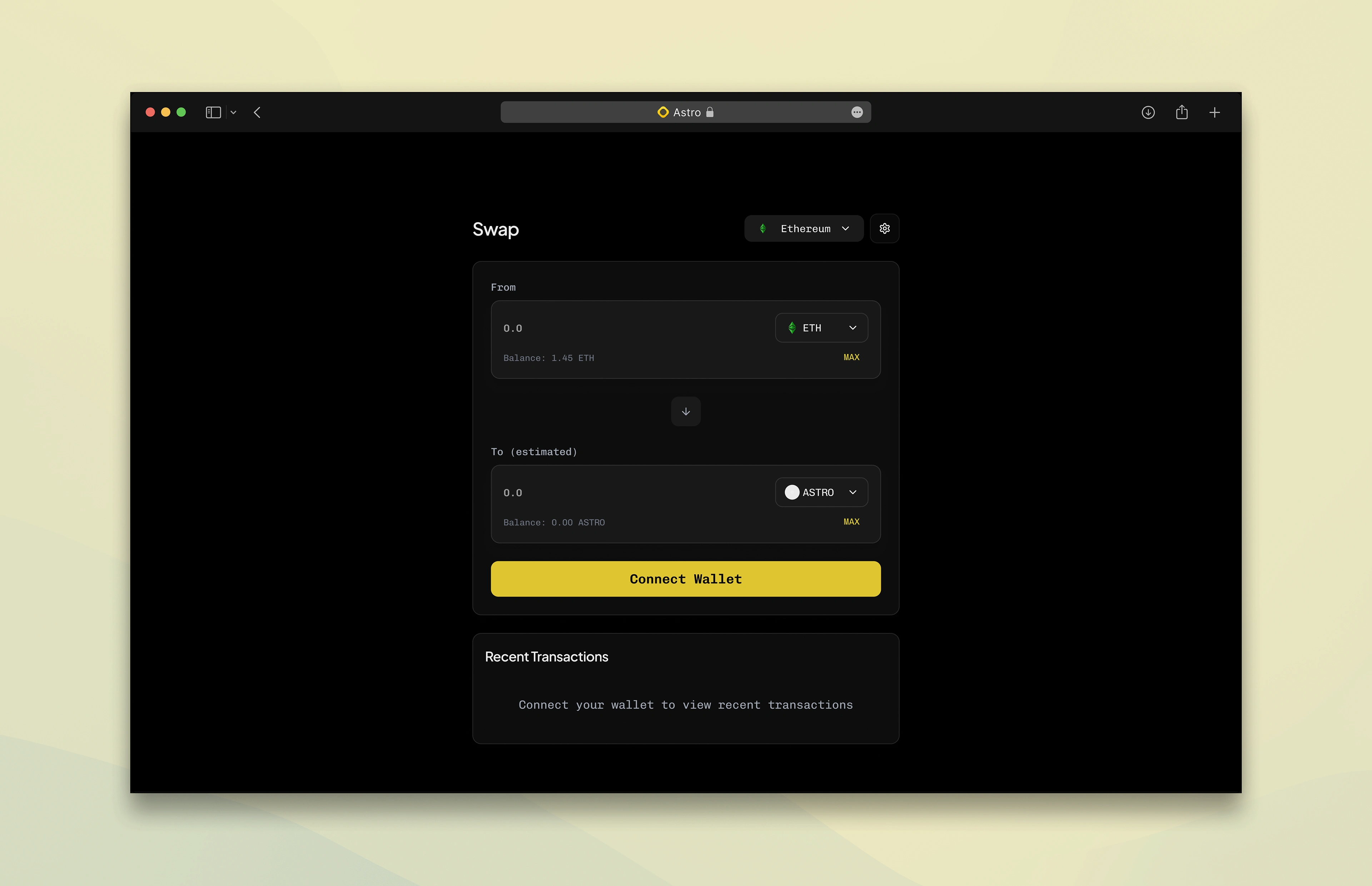 Astro is a conceptual decentralized exchange (DEX) interface designed to demonstrate my skills in UI/UX design and front-end development. Inspired by the Cardano ecosystem, this project showcases a seamless token swapping experience with a focus on user-friendly design and responsive layout.

