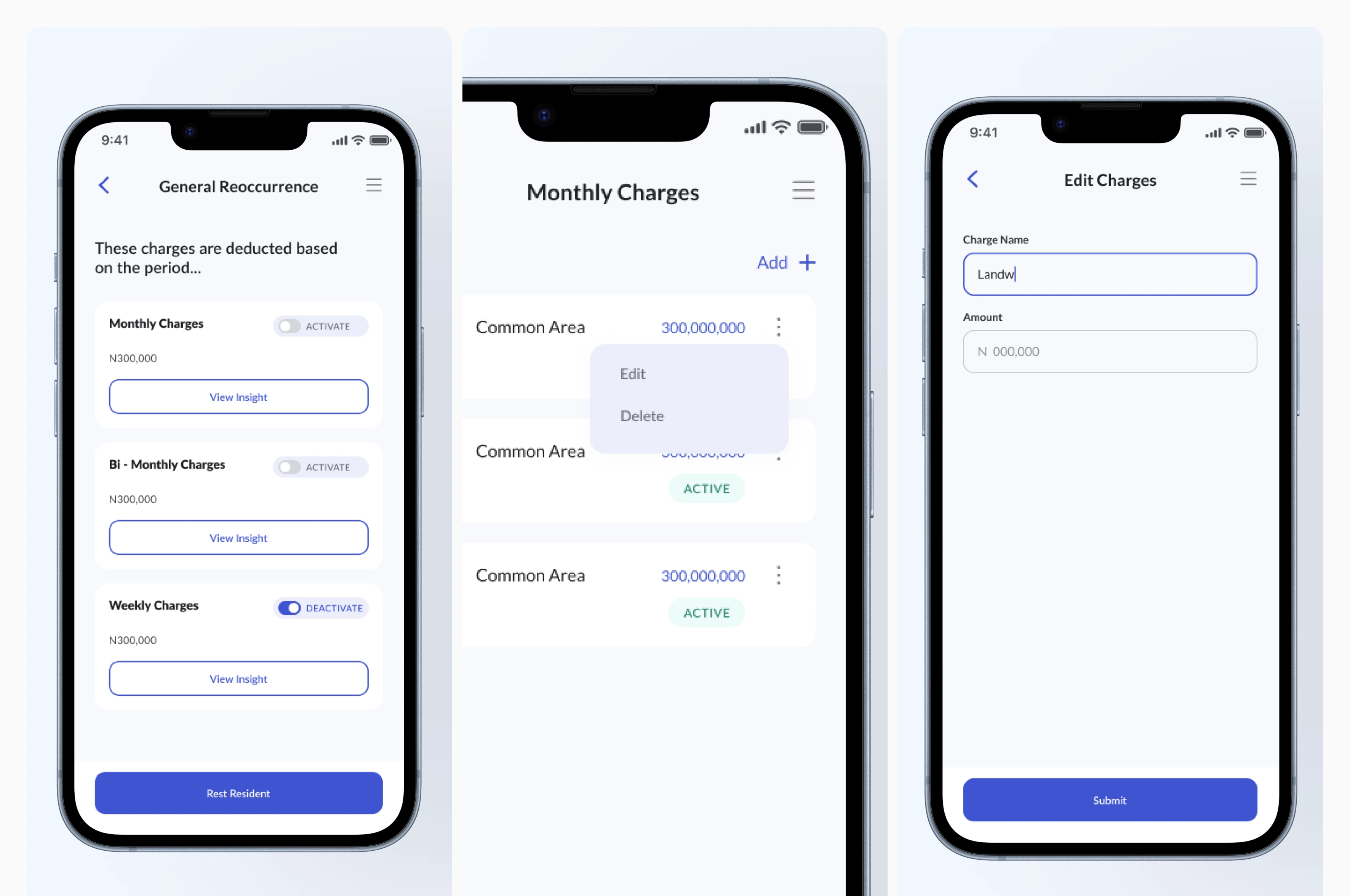 Screens - Billing, Charge Details, Edit Charges