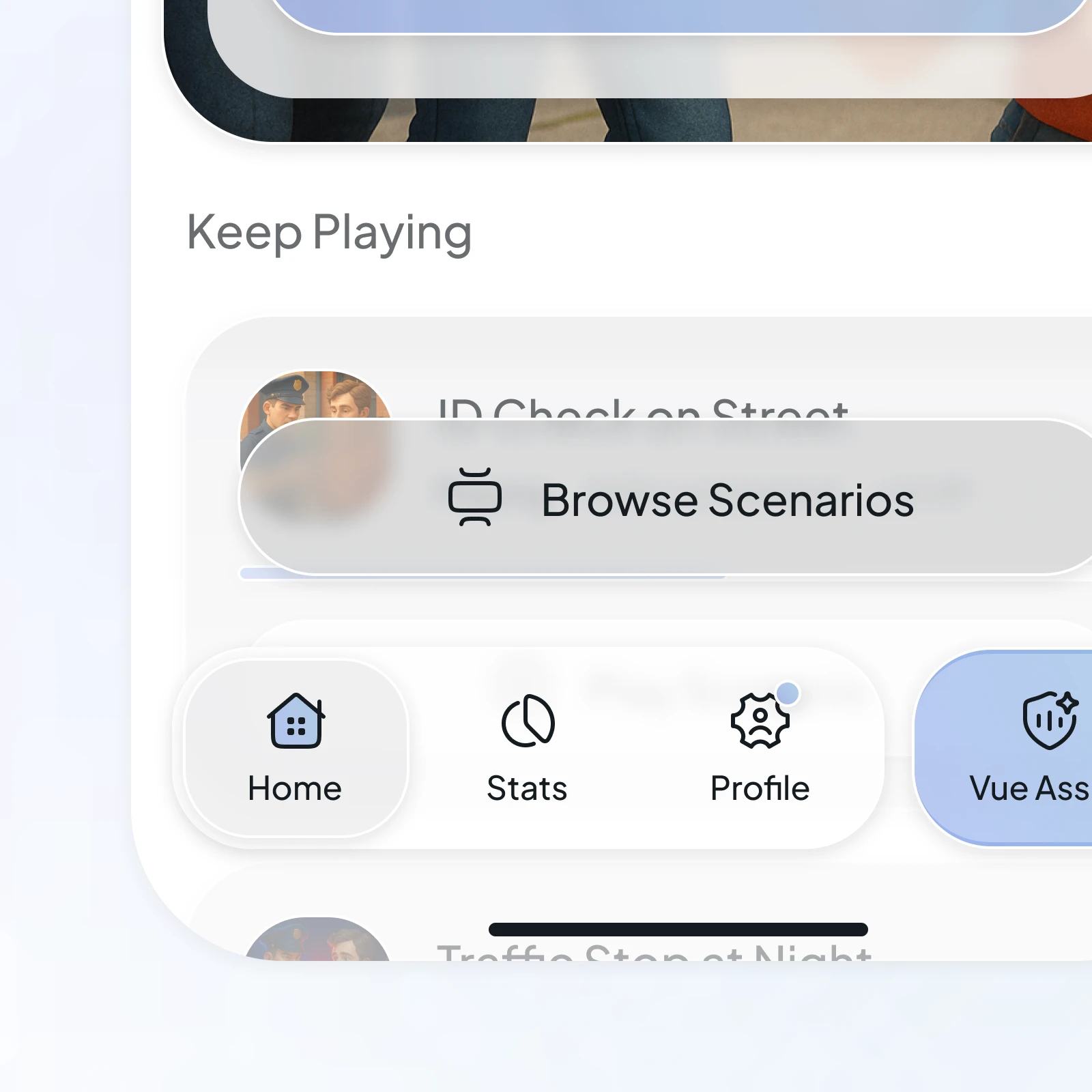 A close-up of the bottom main navigation bar and floating main action button
