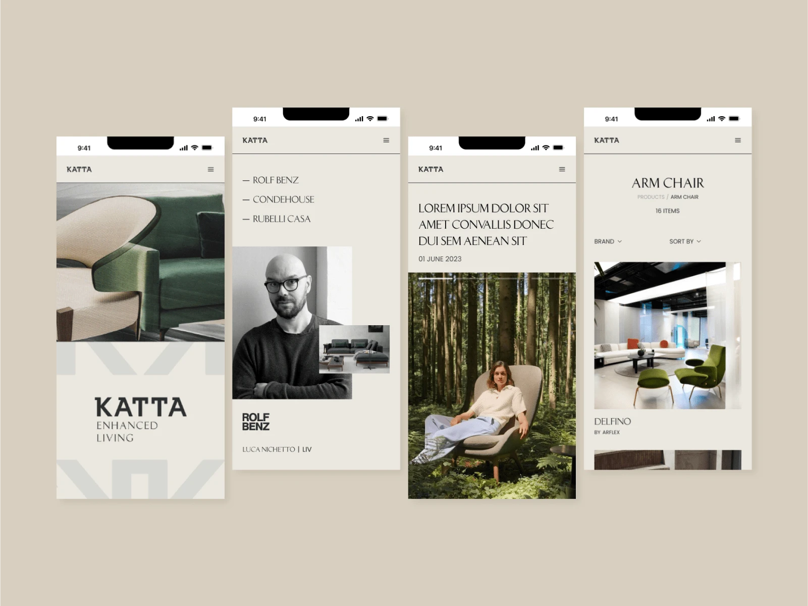 Preview of the mobile version of Home, Designer, Project Detail and Products page
