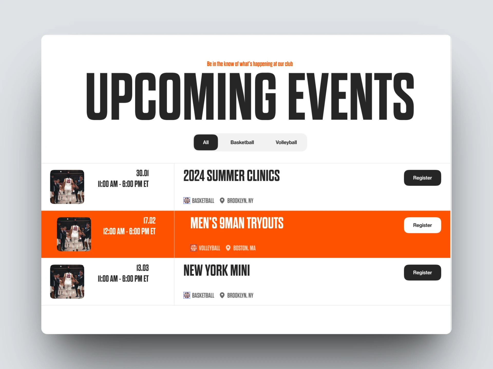 Calendar section featuring category filters, hover-activated highlights, and CMS-driven event cards with bold visuals and clear call-to-actions.