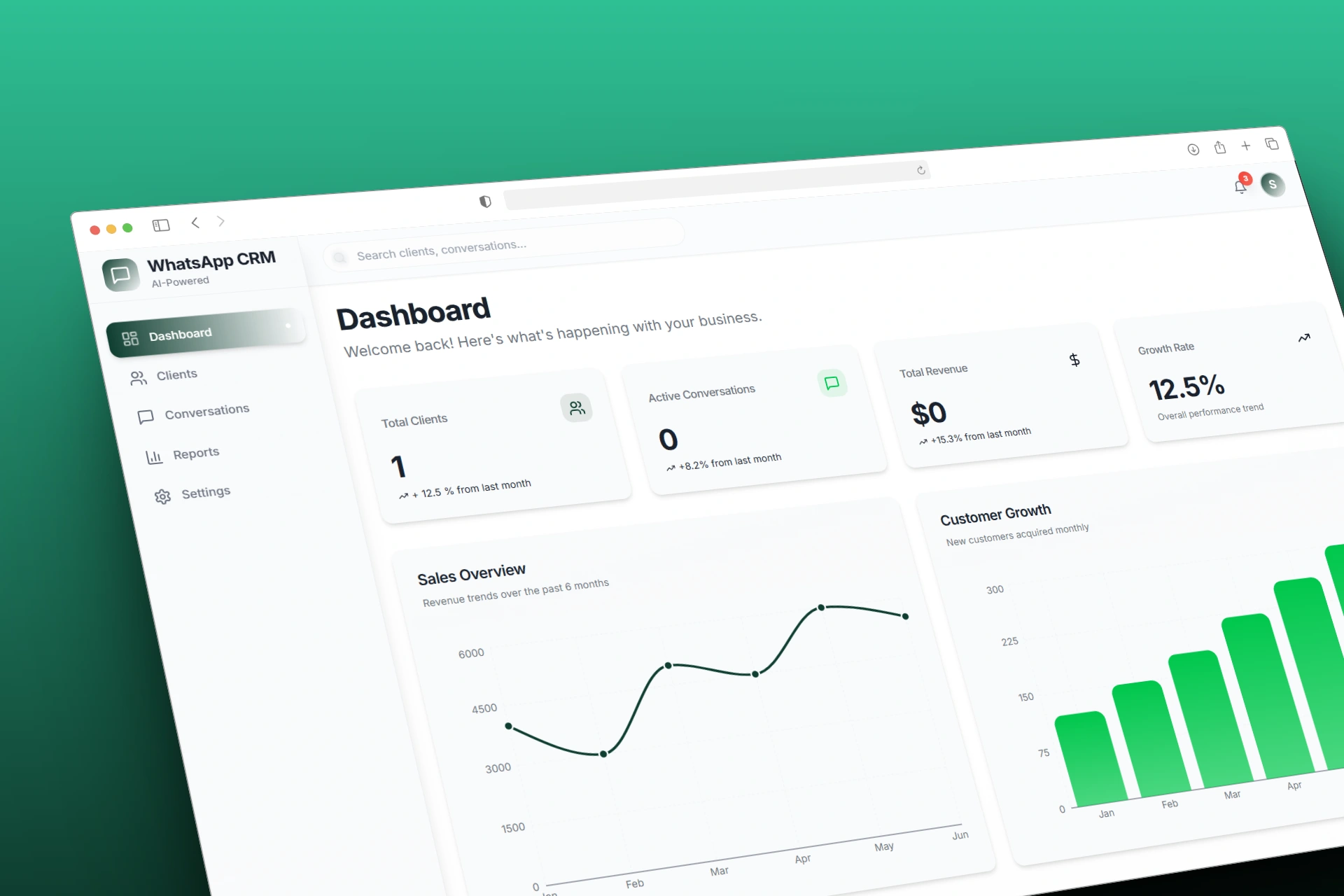 Dashboard Overview - Real-time business metrics with animated counters, revenue tracking, and growth charts displaying key performance indicators at a glance.