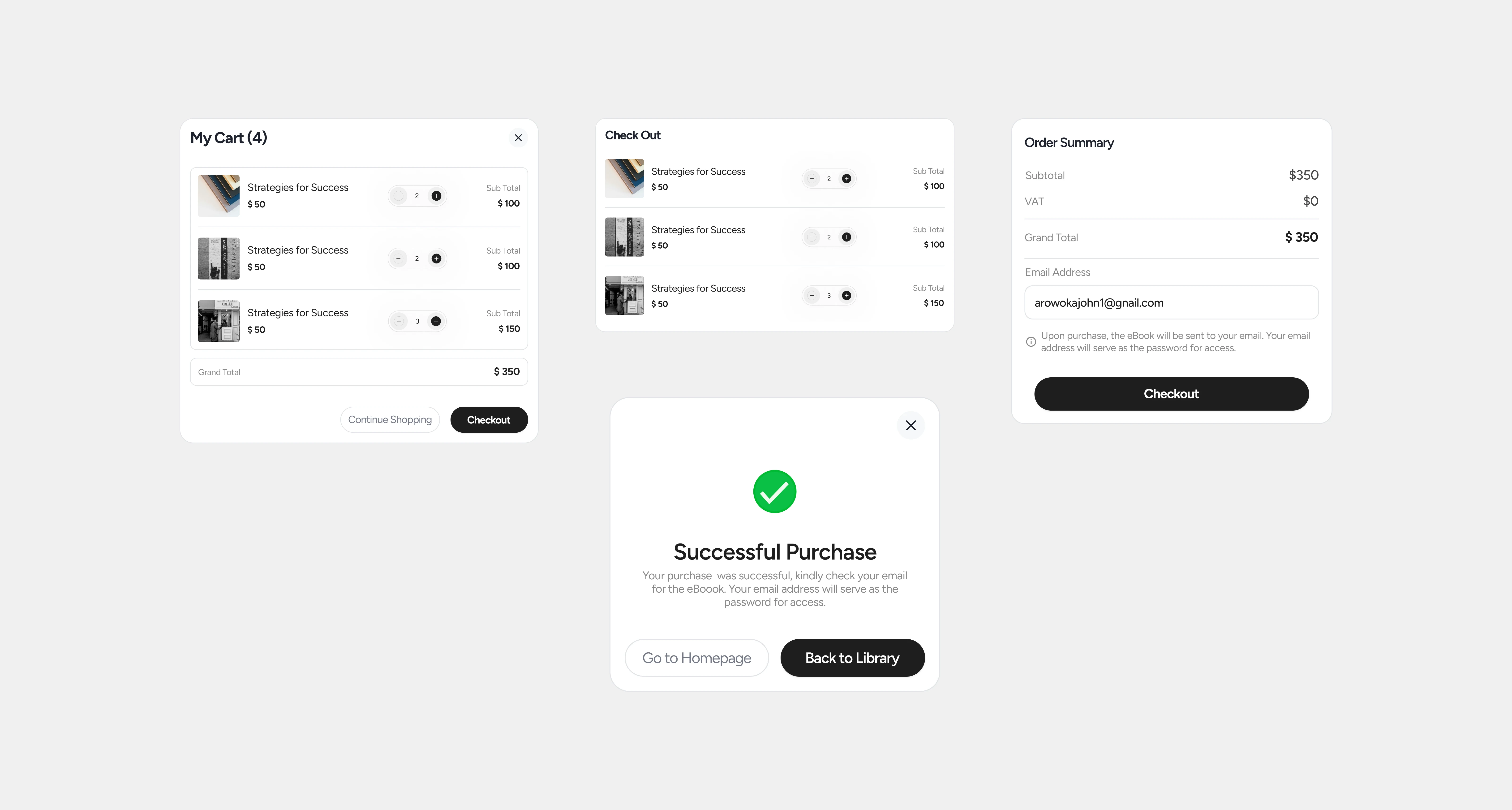 MY CART, CHECKOUT, ORDER SUMMARY & SUCCESSFUL MODAL COMPONENTS