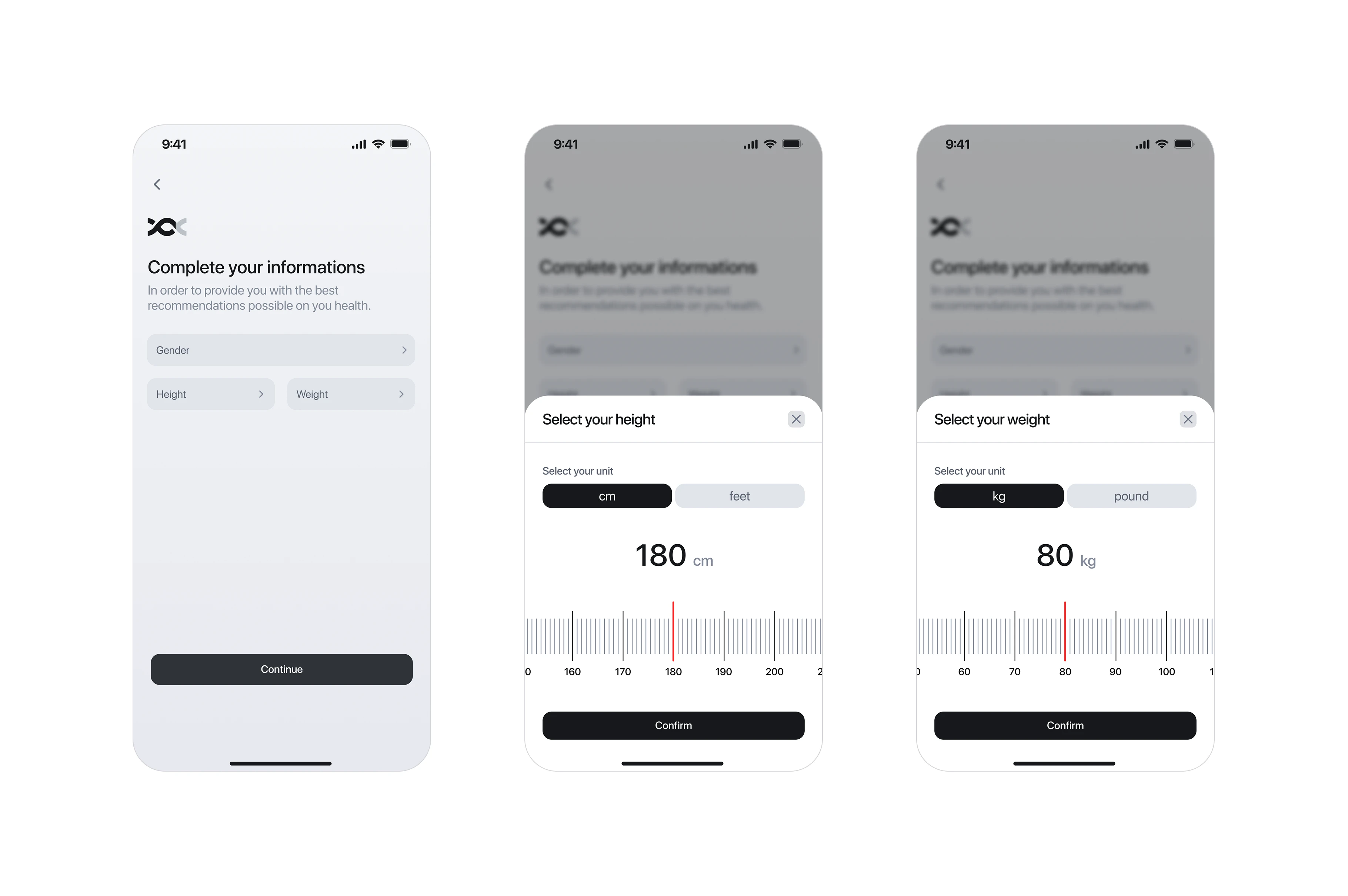 Onboarding sheets for Height and Weight