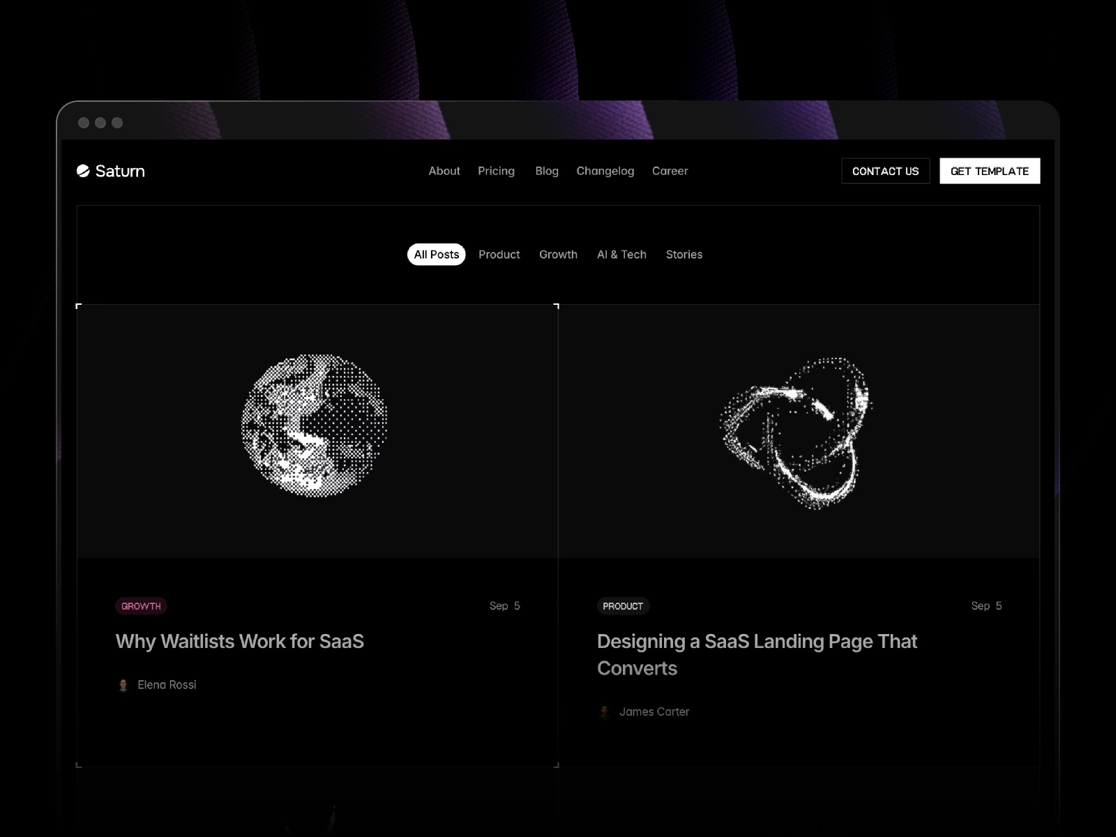 An Image showcase of the blog section of Saturn Framer template