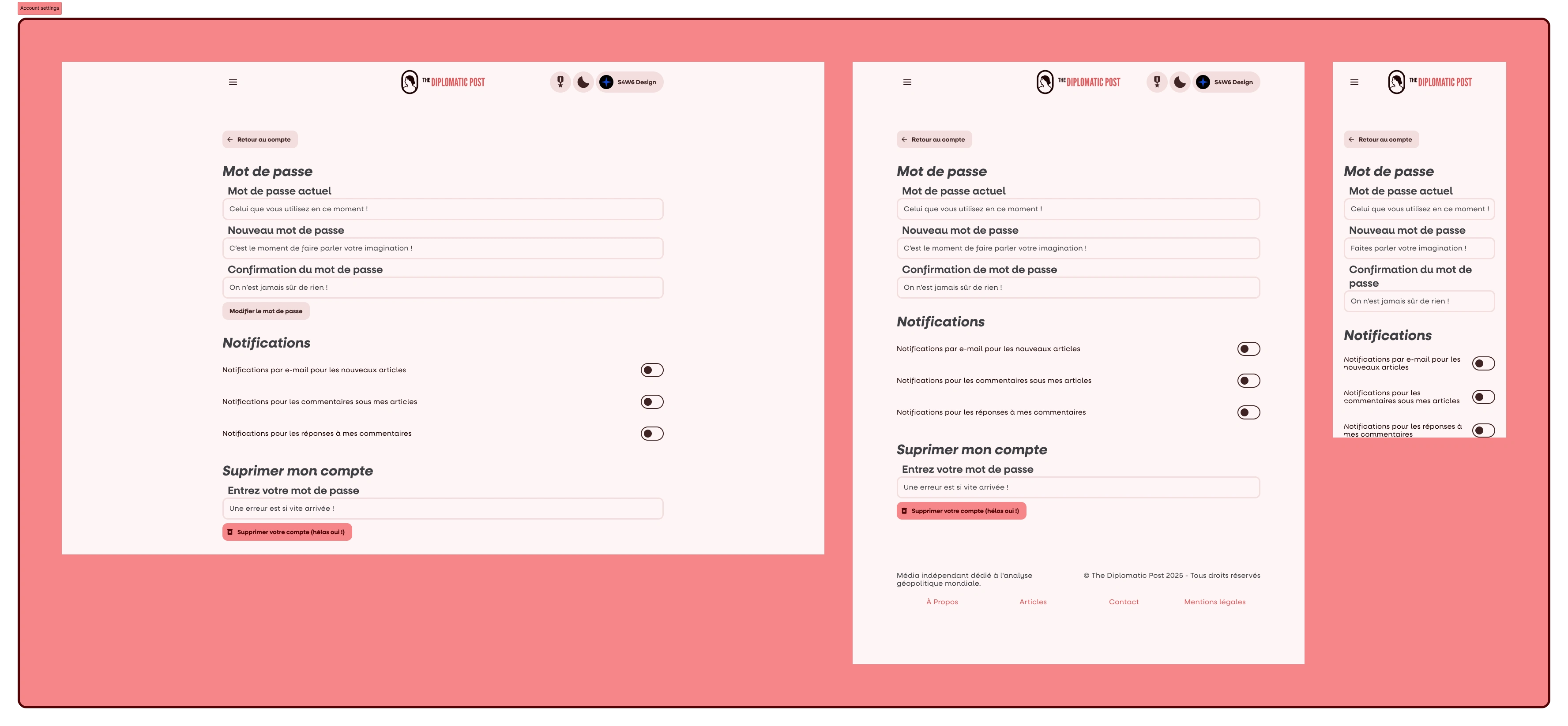 The account settings page