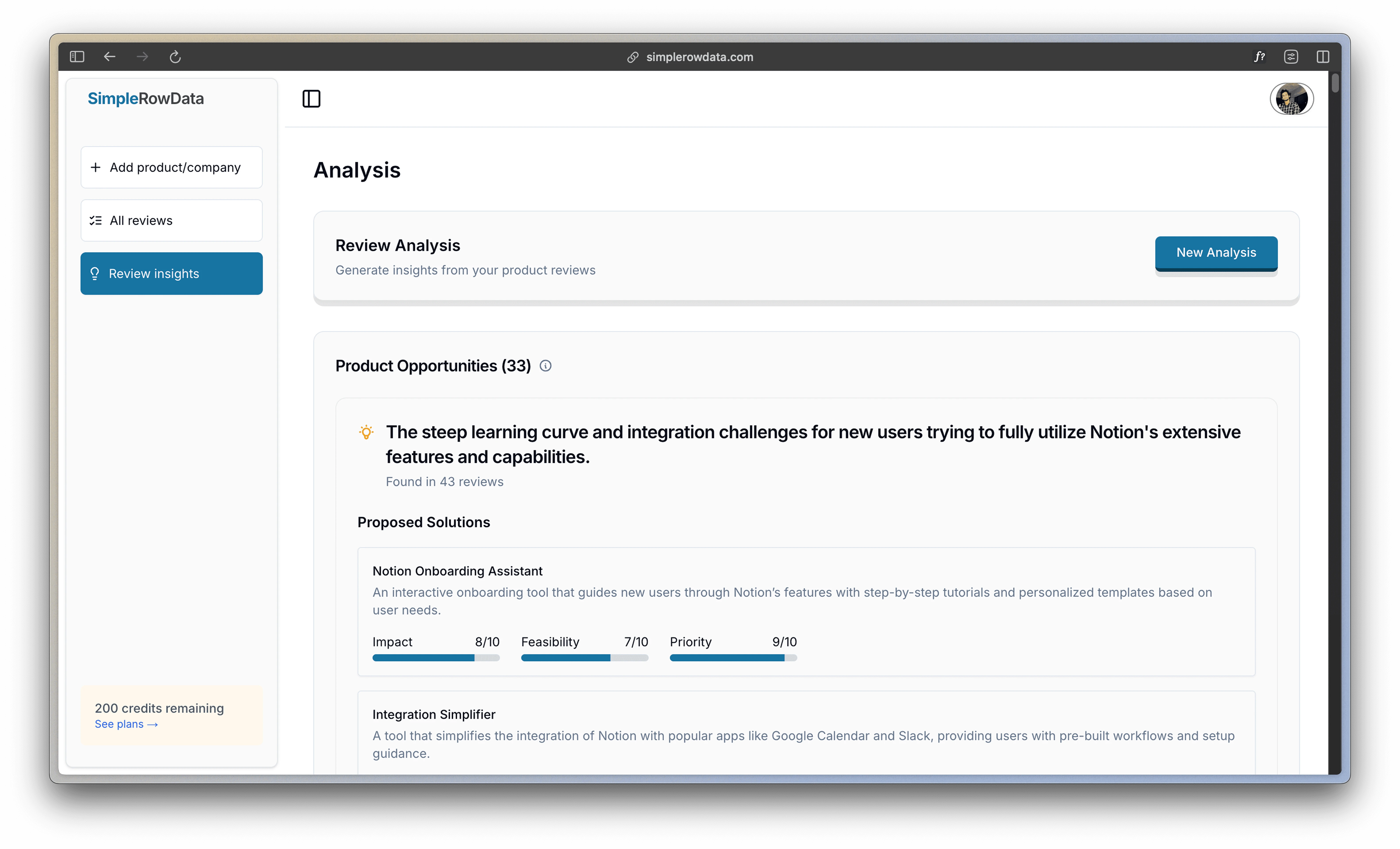After pulling customer reviews, users can easily view, filter, and analyze feedback data.
Clear summary cards and visual hierarchy help users focus on insights 