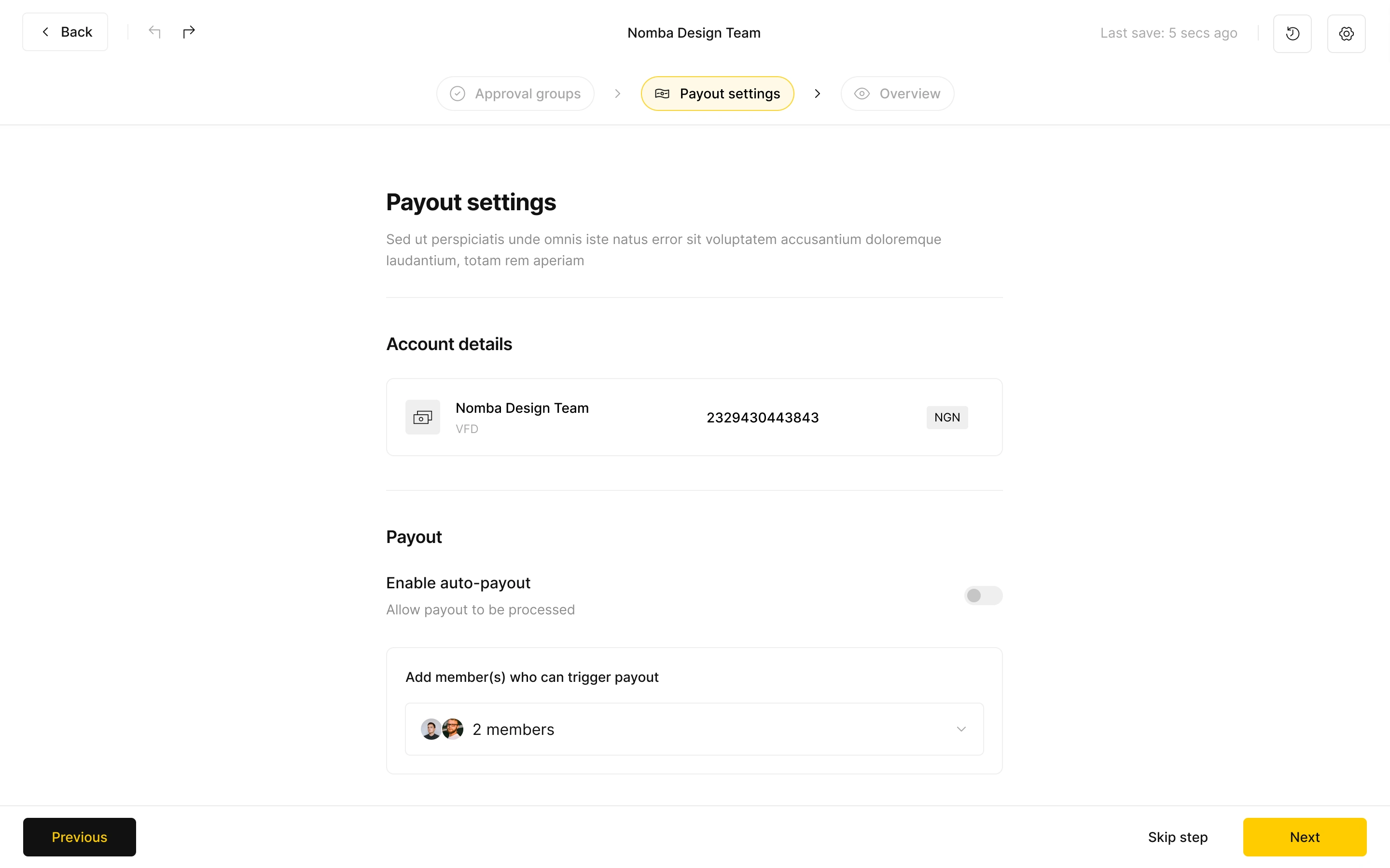Payout settings - workflow