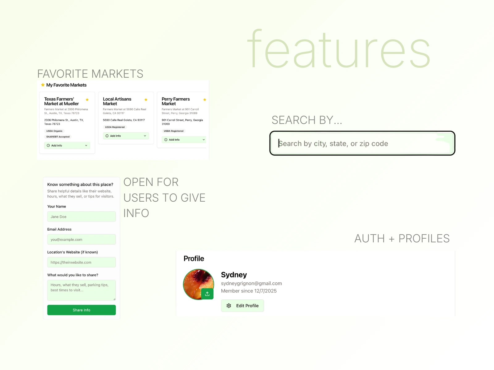Core features: favorites, search, profiles, and community-submitted info.