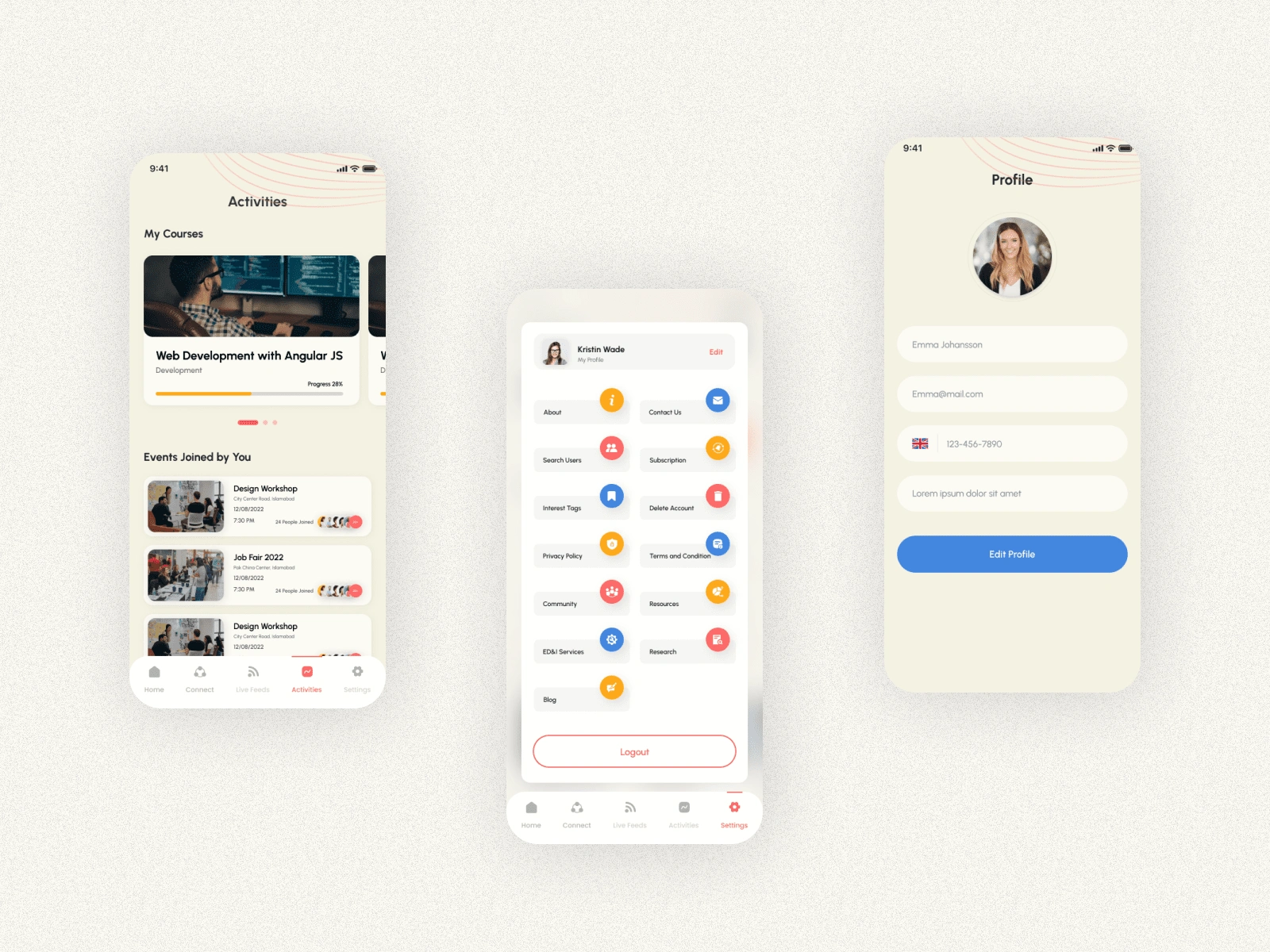 Activites, Menu and Profile
