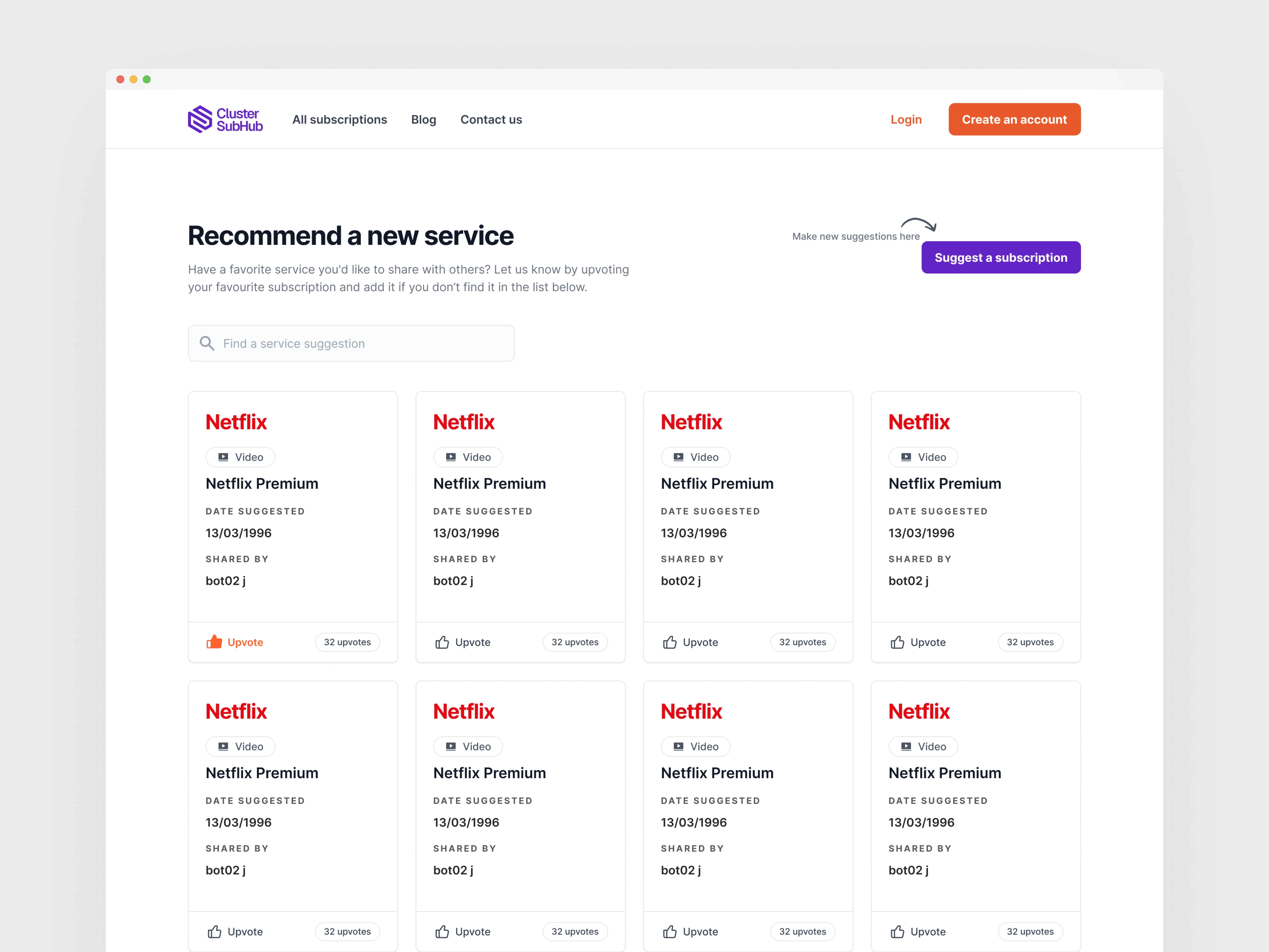 Recommend a Subscription screen
