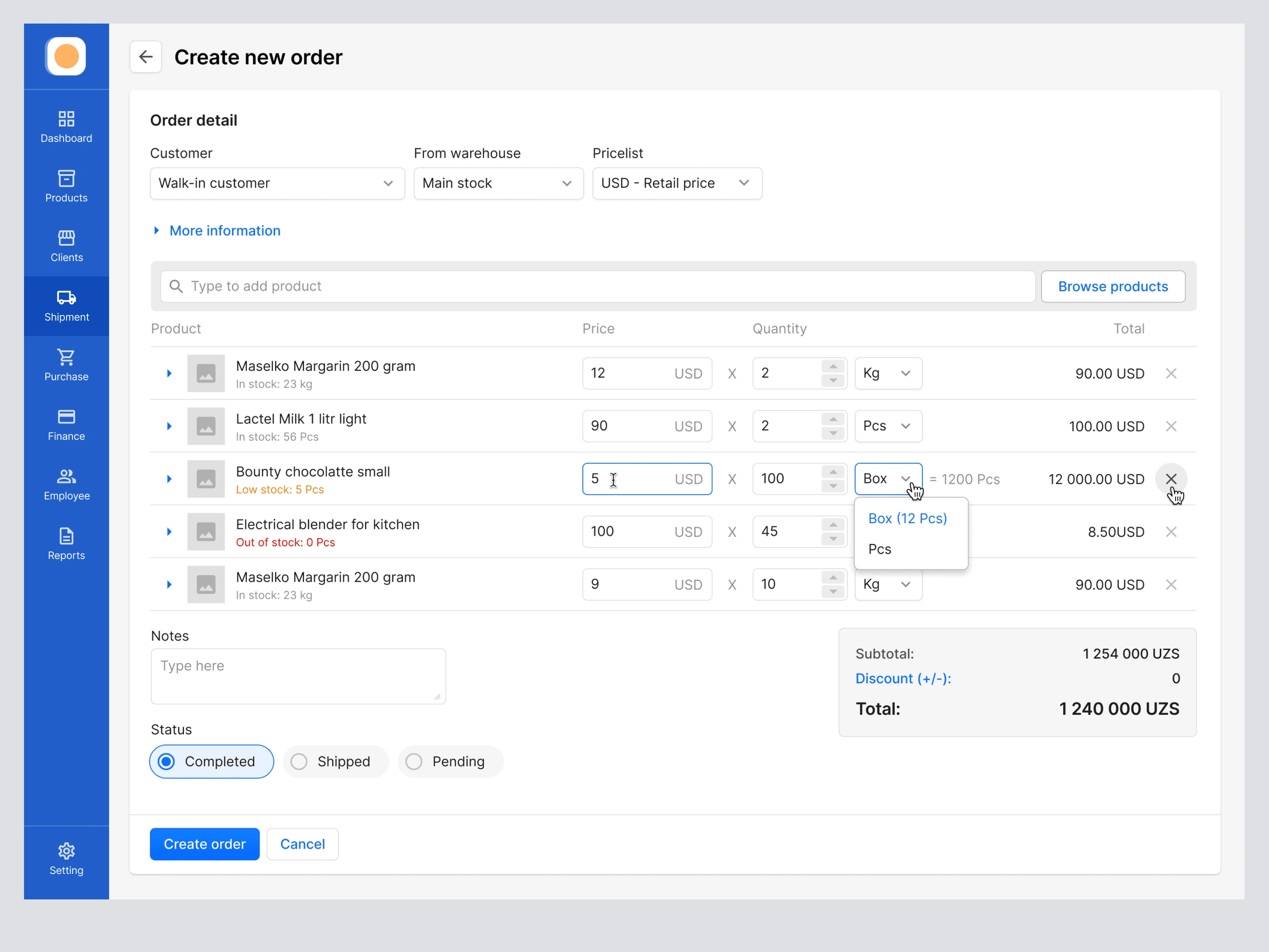 Creating new order page