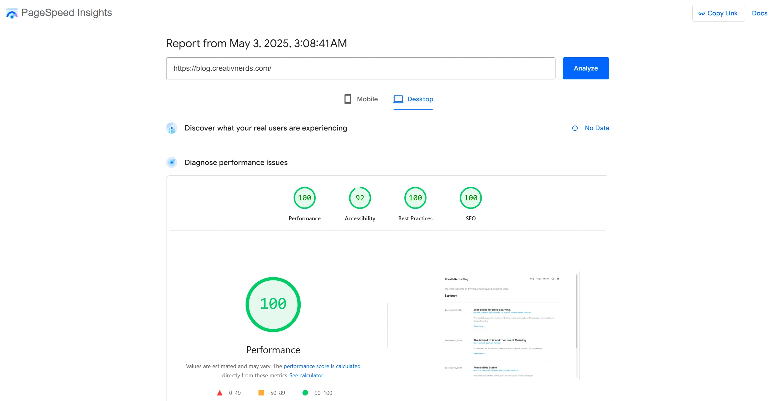 Scores for the blog in context to SEO, Speed and Practices