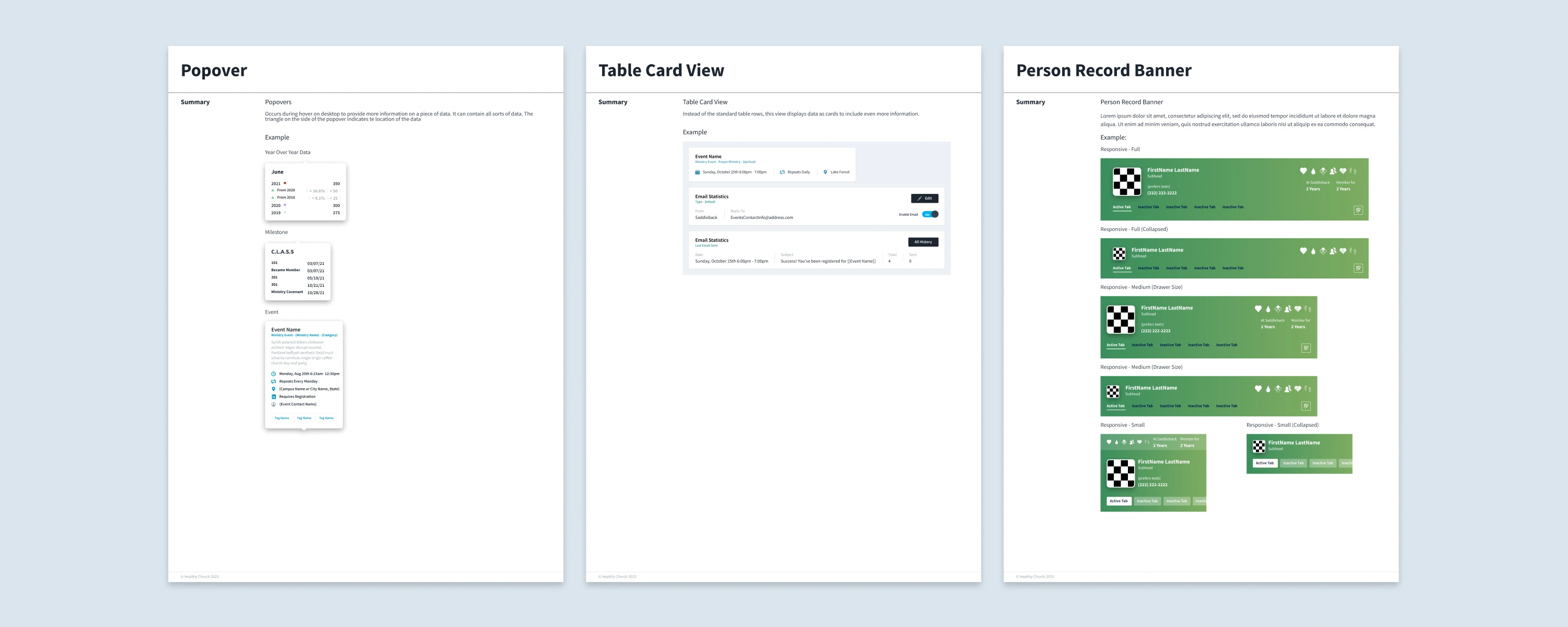 Pages from design documentation in Figma